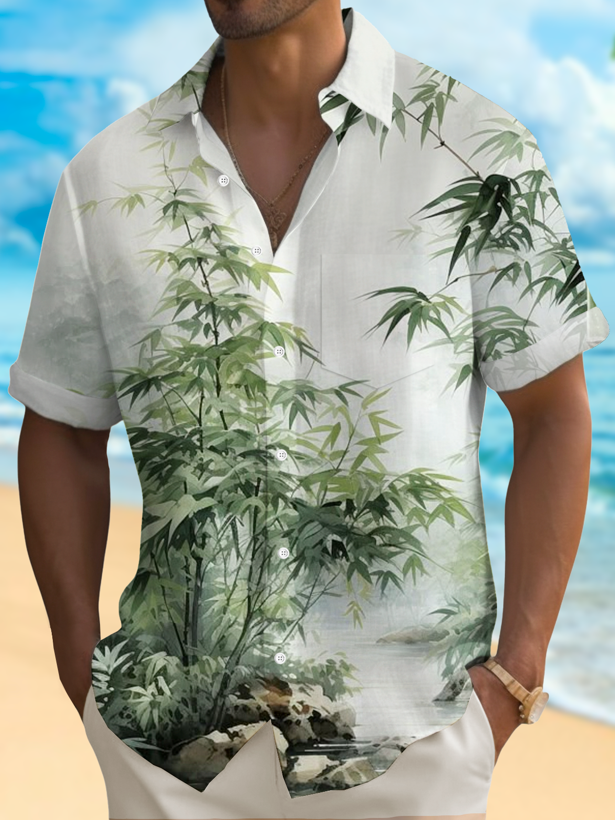 Royaura® Vinatge Bamboo Art Print Men's Lapel Button Pocket Short Sleeve Shirt Big & Tall
