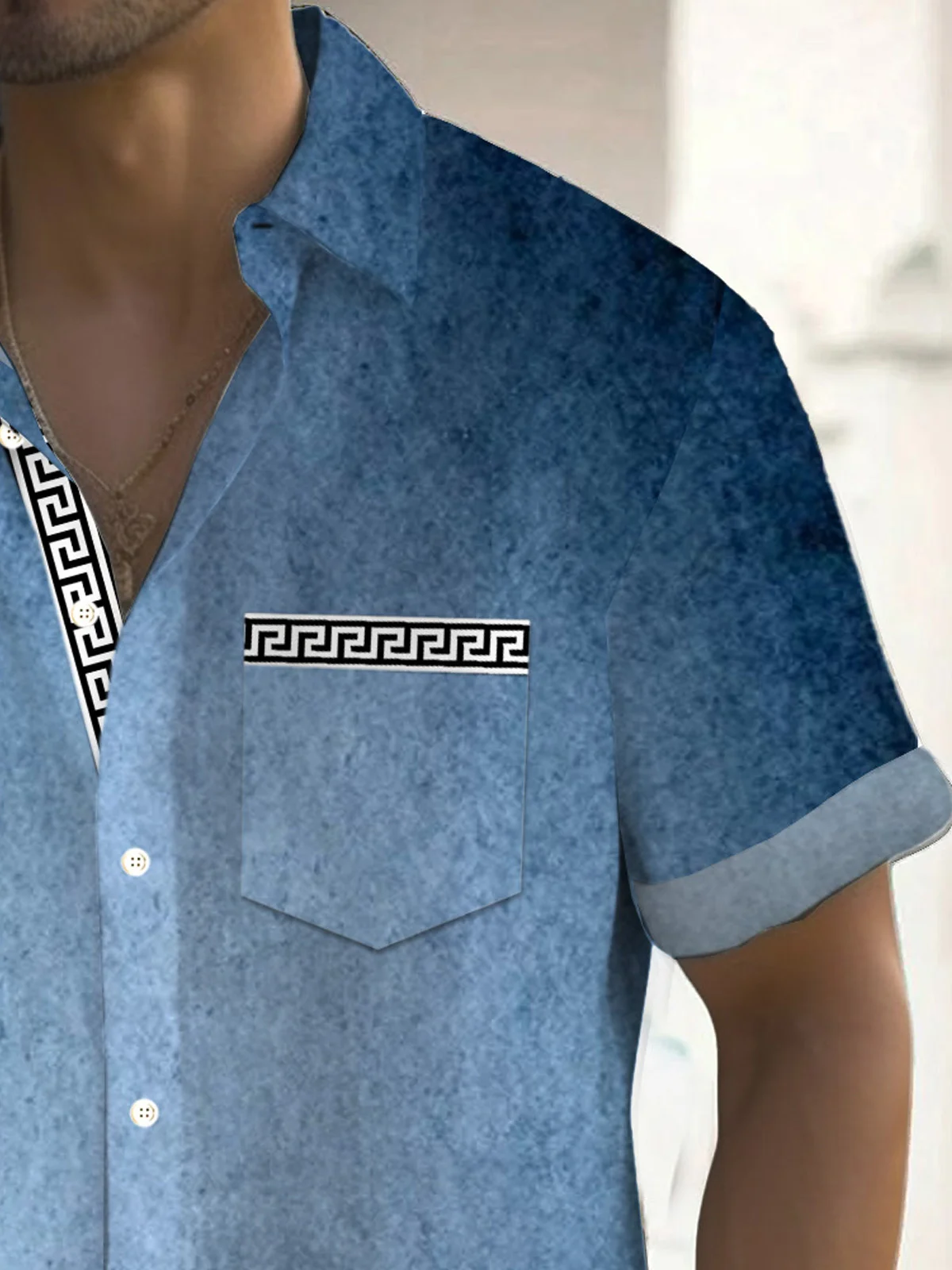 Royaura® Retro Geometric Denim Washed Print Men's Button Pocket Short Sleeve Shirt Big & Tall
