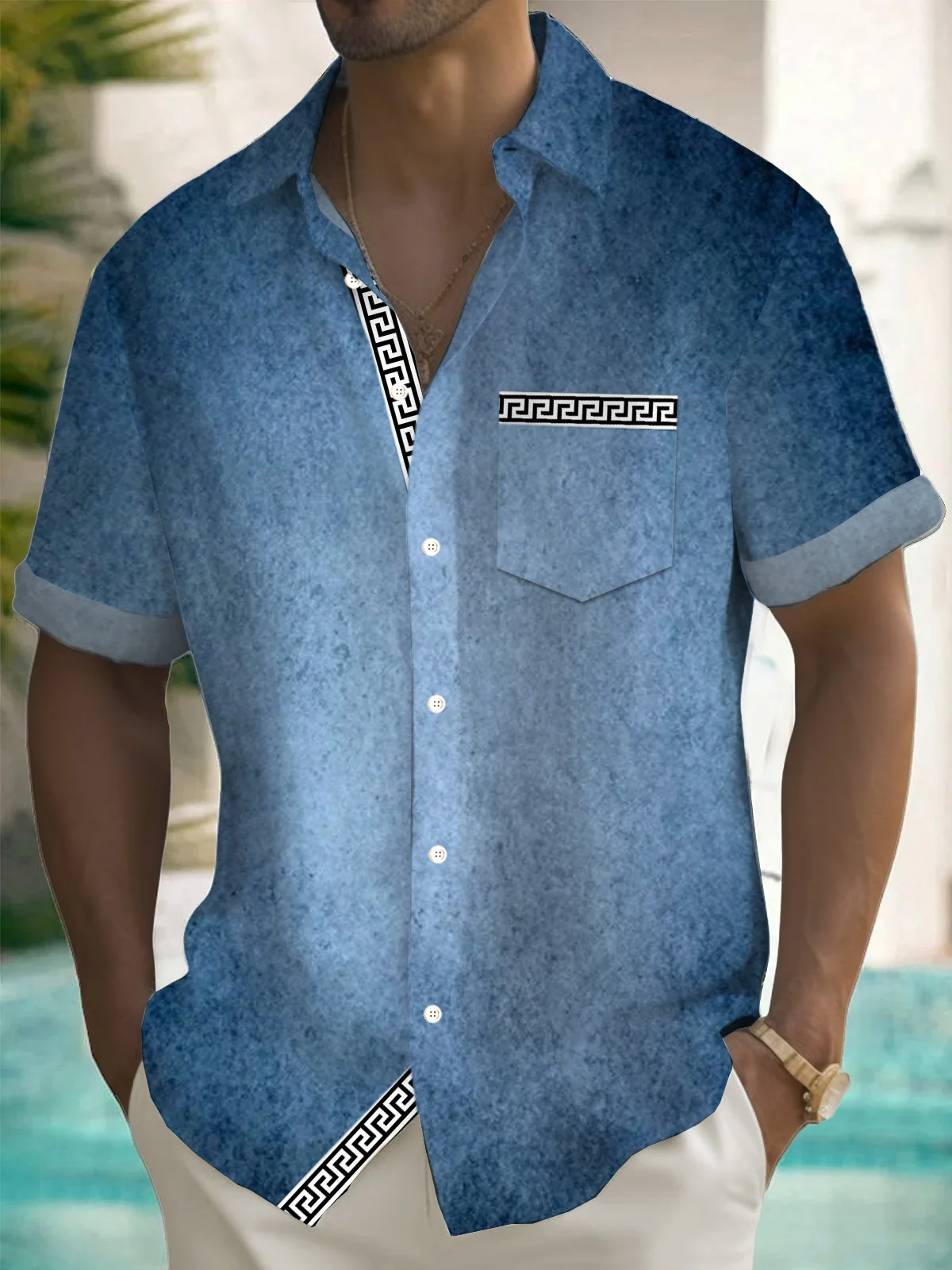 Royaura® Retro Geometric Denim Washed Print Men's Button Pocket Short Sleeve Shirt Big & Tall