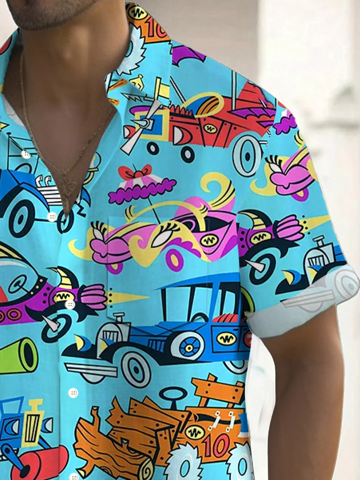 Royaura® Retro Cartoon Car Animation Art Print Men's Button Pocket Short Sleeve Shirt Big & Tall