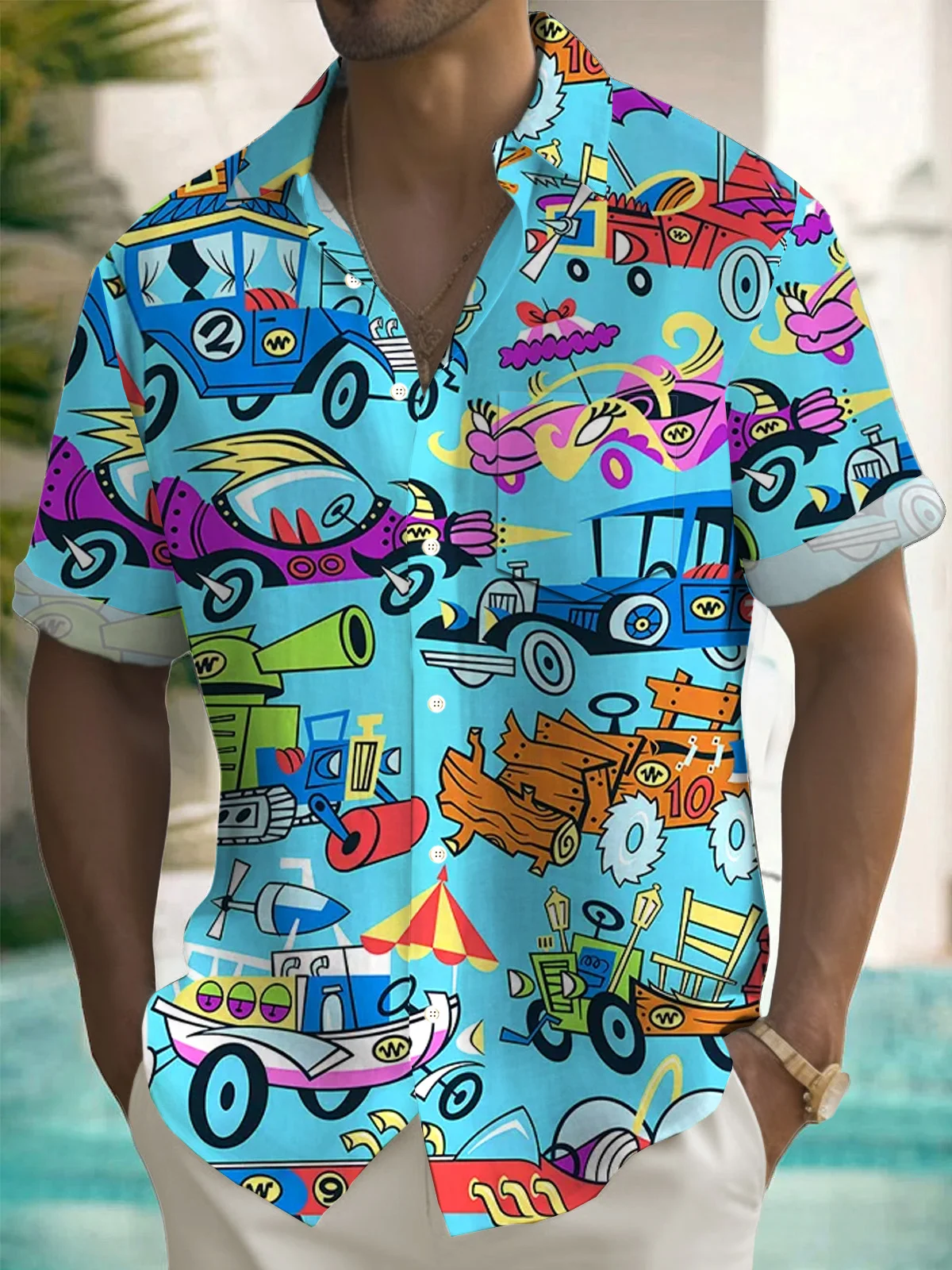 Royaura® Retro Cartoon Car Animation Art Print Men's Button Pocket Short Sleeve Shirt Big & Tall