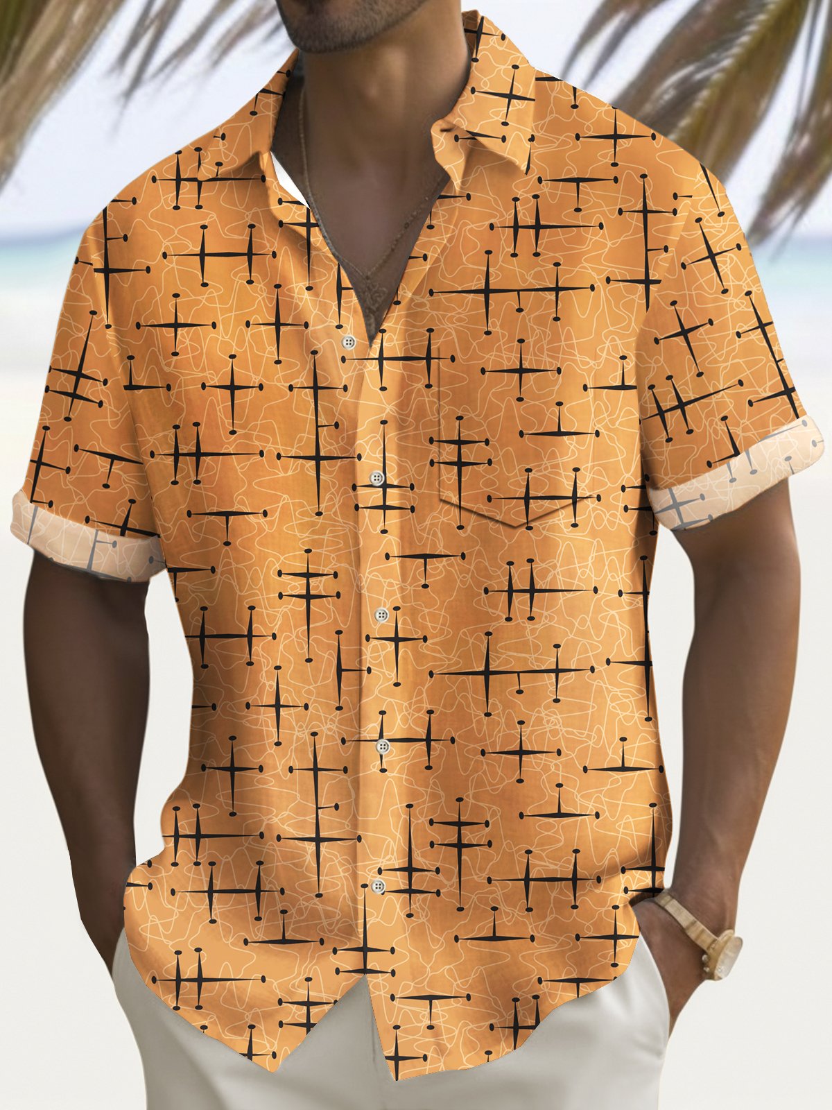Royaura® Vintage Medieval Atomic Geometry Print Men's Button Pocket Hawaiian Shirt Big Tall