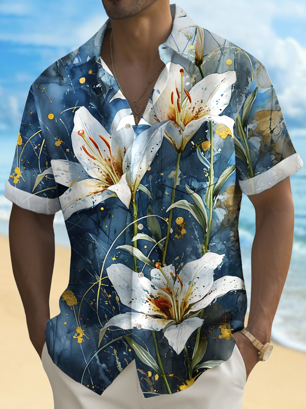 Royaura® Beach Resort Men's Hawaiian Shirt Lily Print Pocket Camping Shirt Big Tall