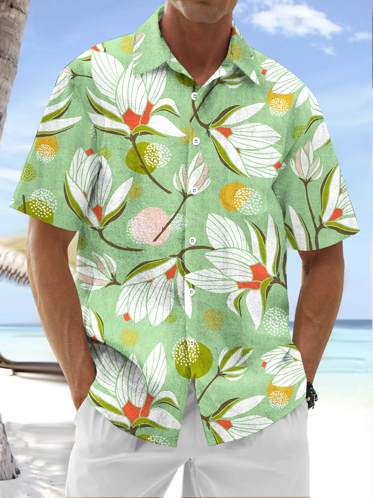Royaura® Beach Resort Men's Hawaiian Shirt Magnolia Blossom Print Pocket Camping Shirt Big Tall