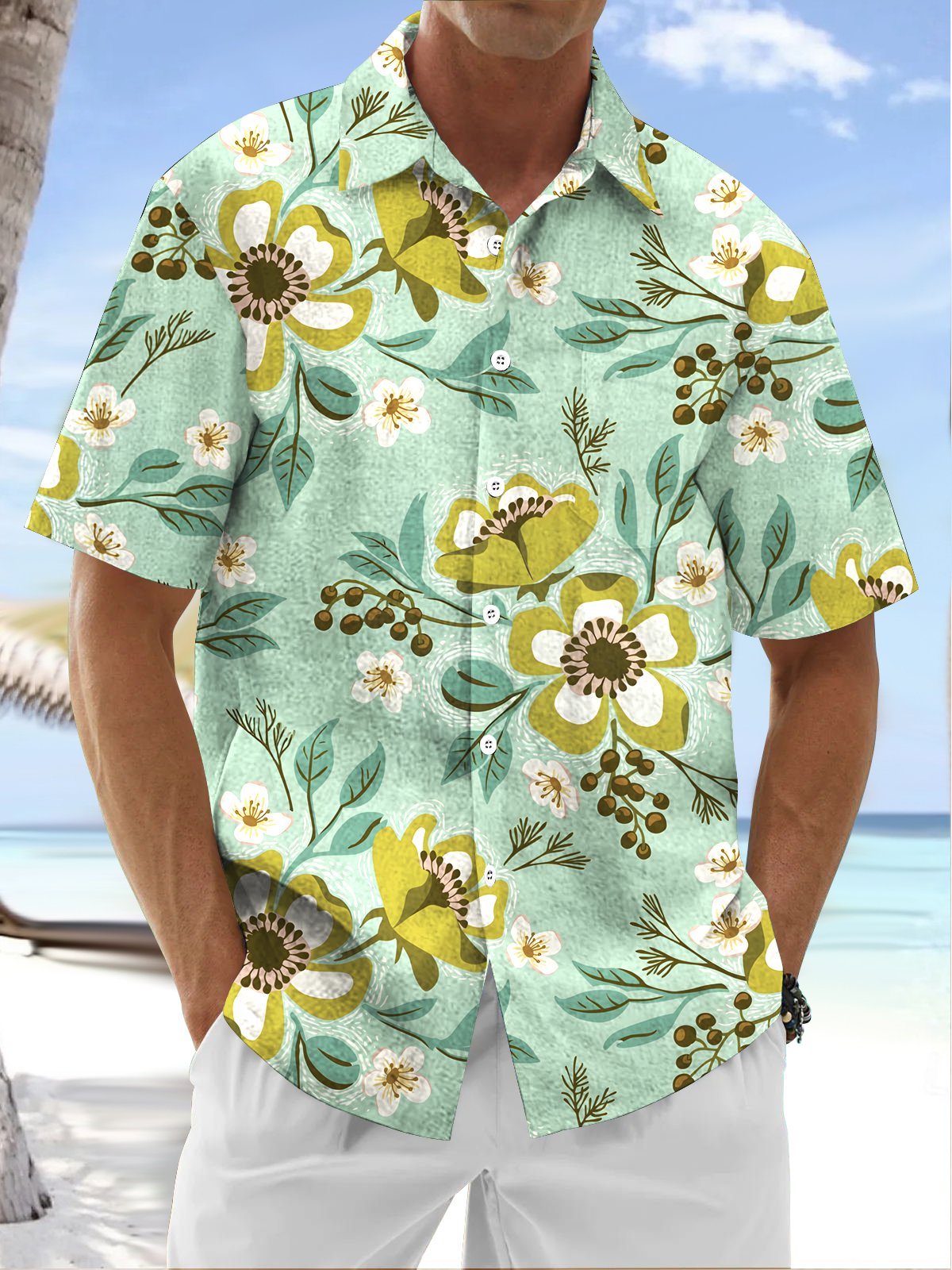 Royaura® Beach Resort Men's Hawaiian Shirt Flowers Print Pocket Camping Shirt Big Tall