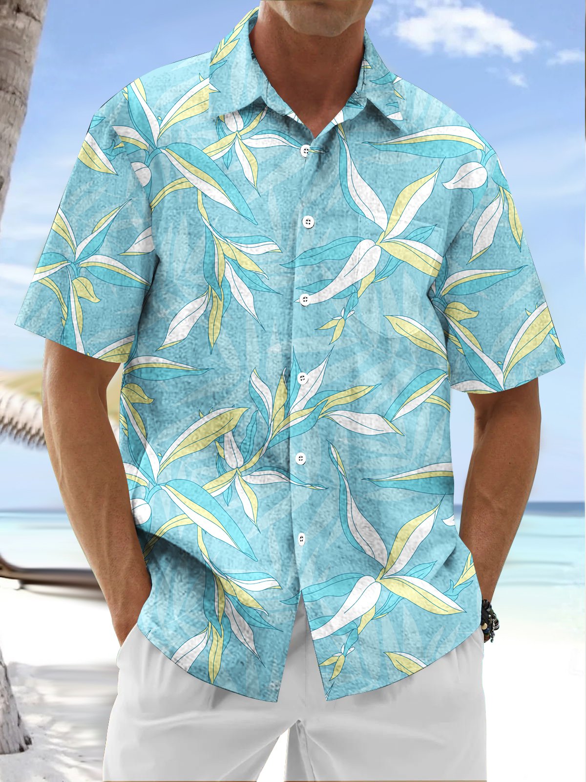 Royaura® Beach Resort Men's Hawaiian Shirt Plants Flowers Print Pocket Camping Shirt Big Tall
