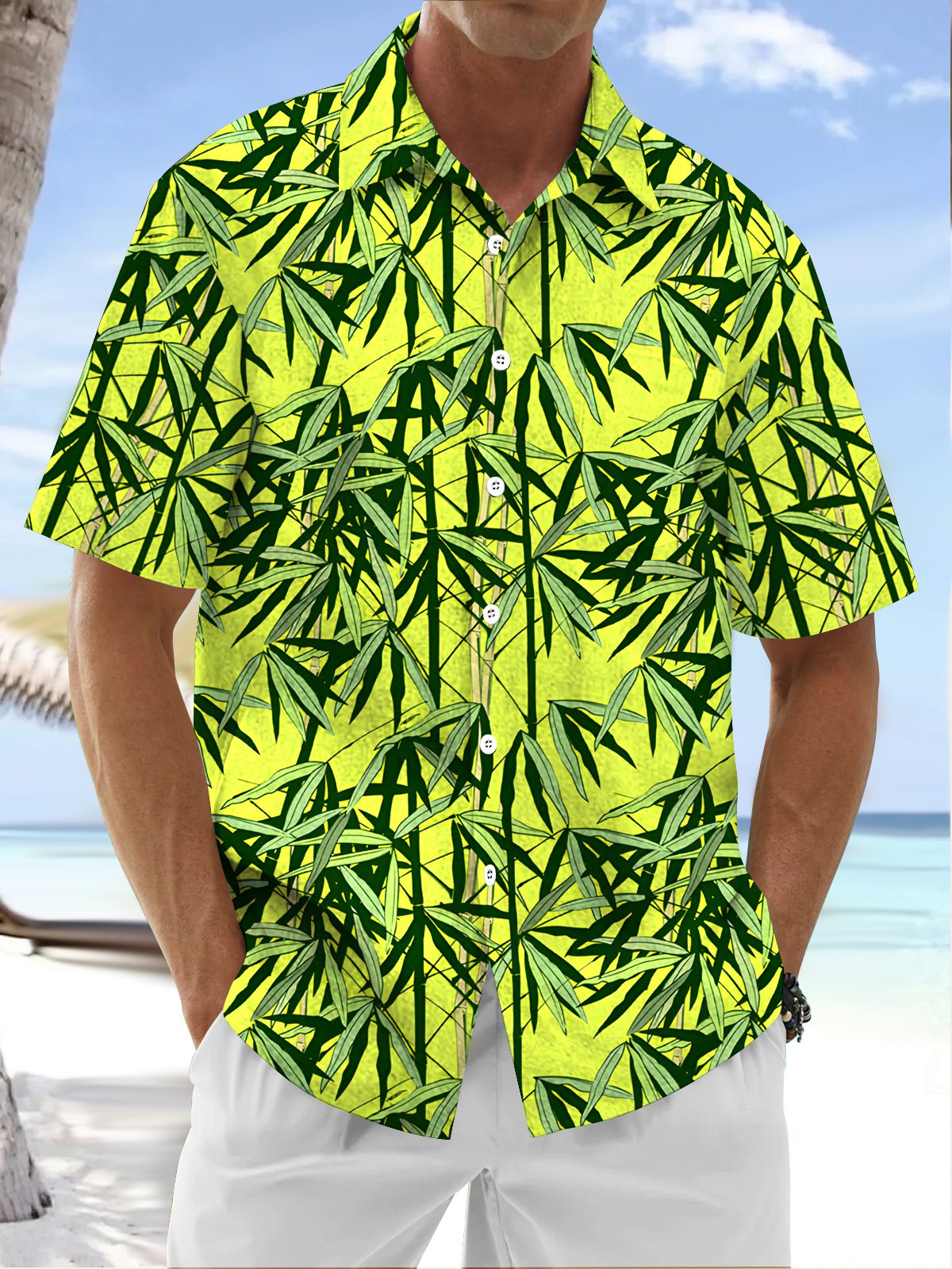 Royaura® Beach Resort Men's Hawaiian Shirt Bamboo Print Pocket Camping Shirt Big Tall