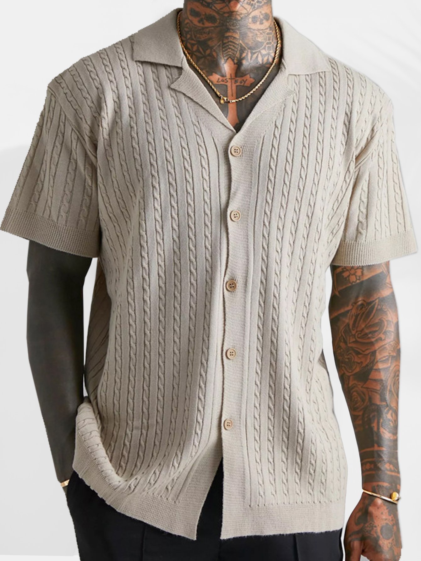 Royaura® Casual Basic Jacquard Knitted Wool Men's Button Short Sleeve Shirt Big & Tall