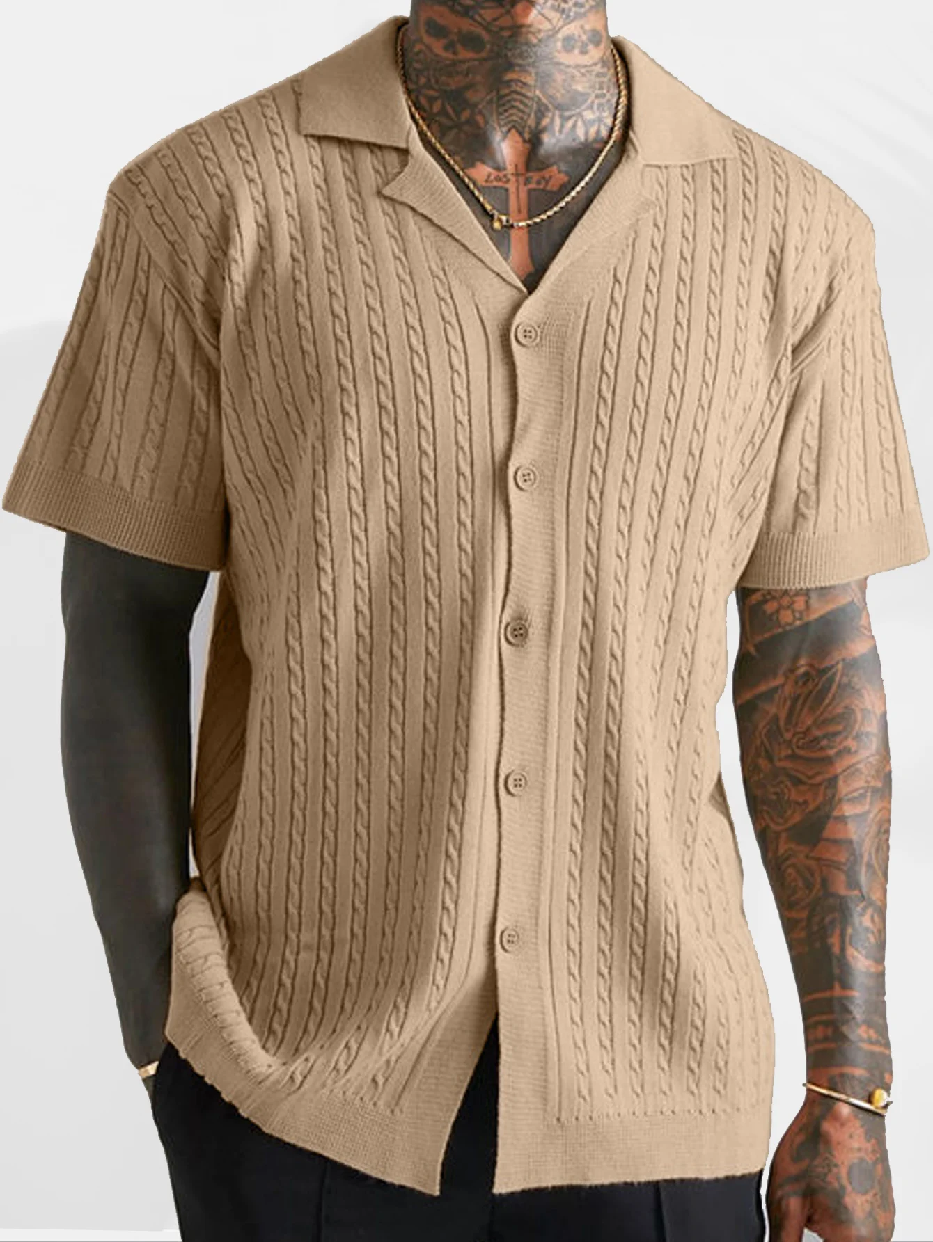 Royaura® Casual Basic Jacquard Knitted Wool Men's Button Short Sleeve Shirt Big & Tall