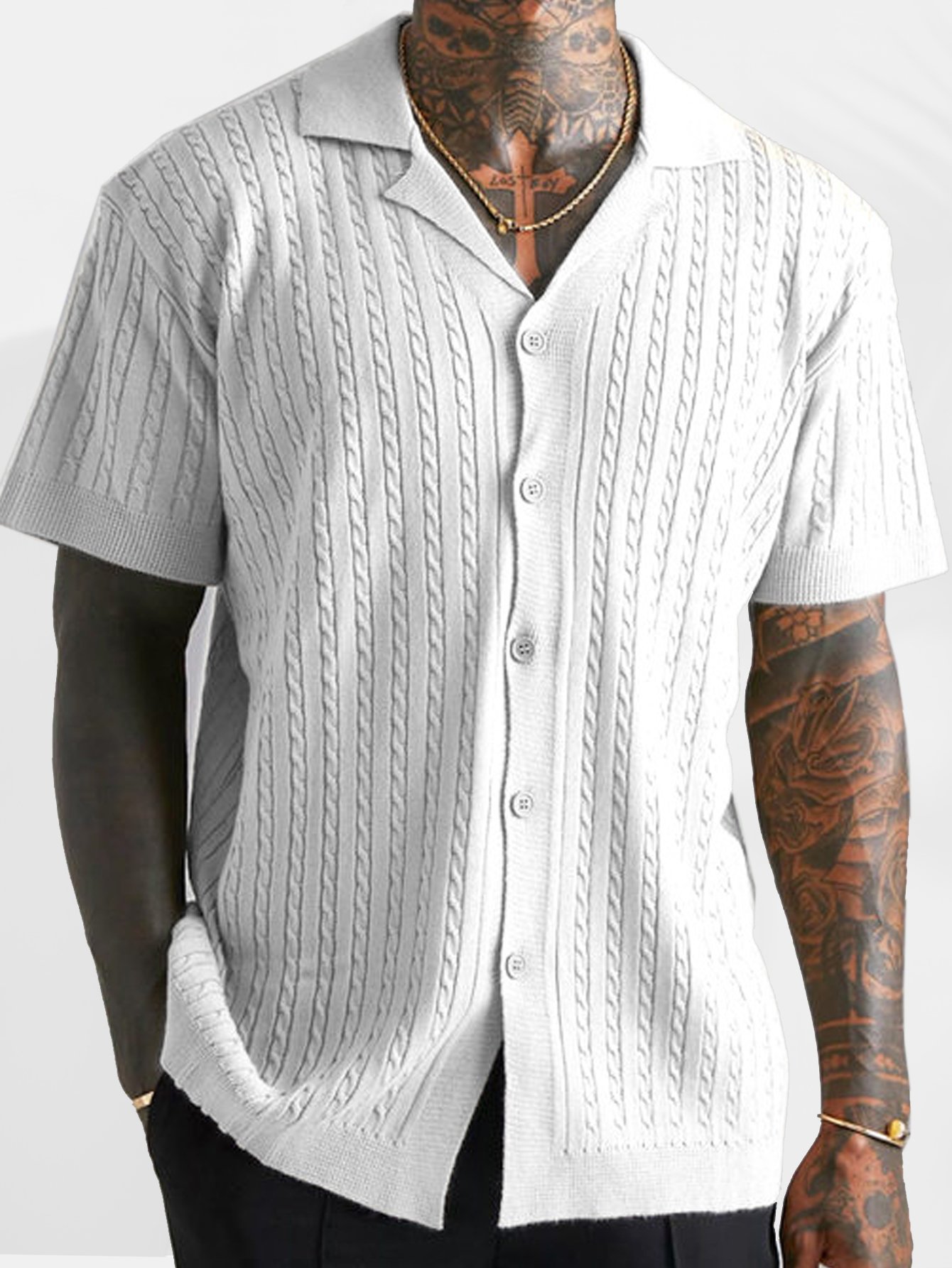 Royaura® Casual Basic Jacquard Knitted Wool Men's Button Short Sleeve Shirt Big & Tall