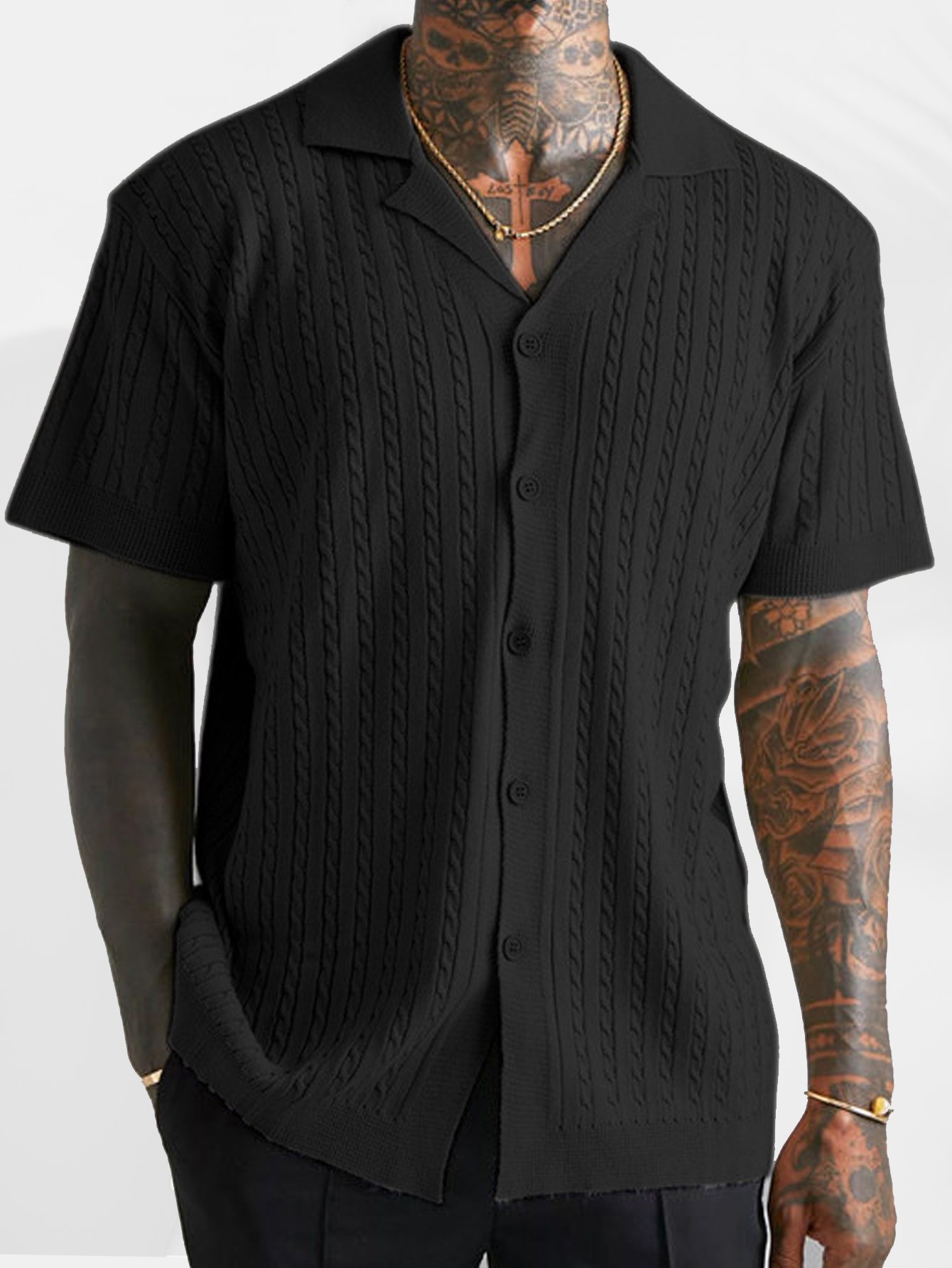 Royaura® Casual Basic Jacquard Knitted Wool Men's Button Short Sleeve Shirt Big & Tall