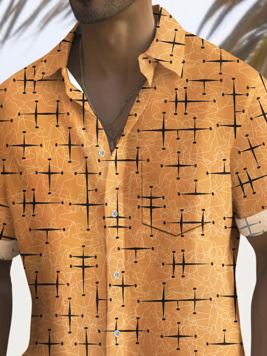 Royaura® Vintage Medieval Atomic Geometry Print Men's Button Pocket Hawaiian Shirt Big Tall