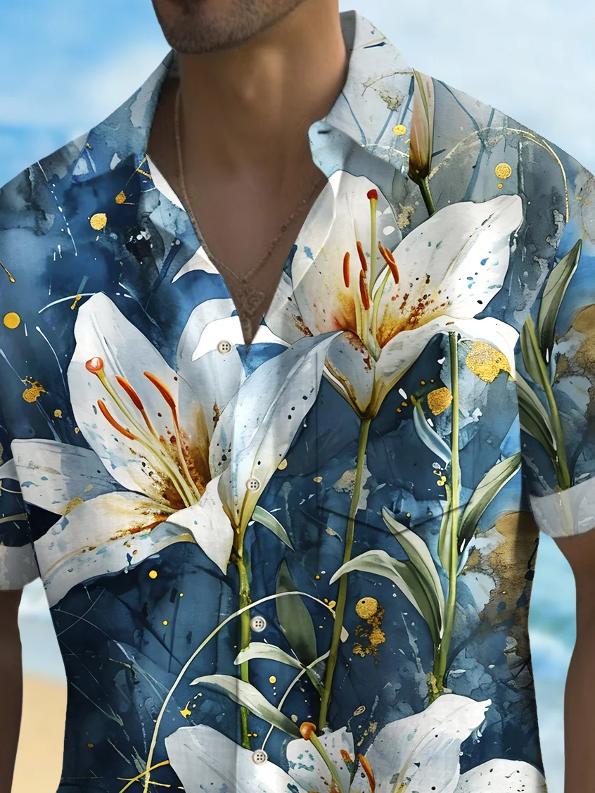 Royaura® Beach Resort Men's Hawaiian Shirt Lily Print Pocket Camping Shirt Big Tall