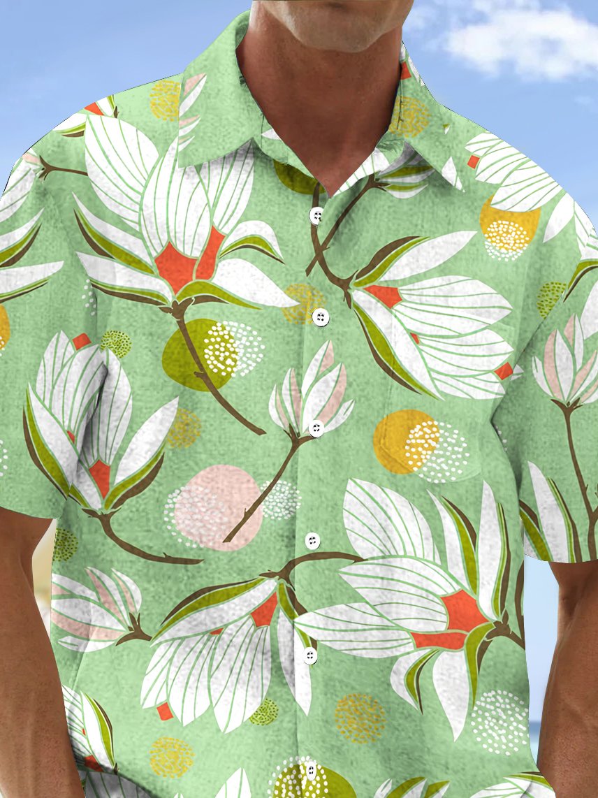 Royaura® Beach Resort Men's Hawaiian Shirt Magnolia Blossom Print Pocket Camping Shirt Big Tall