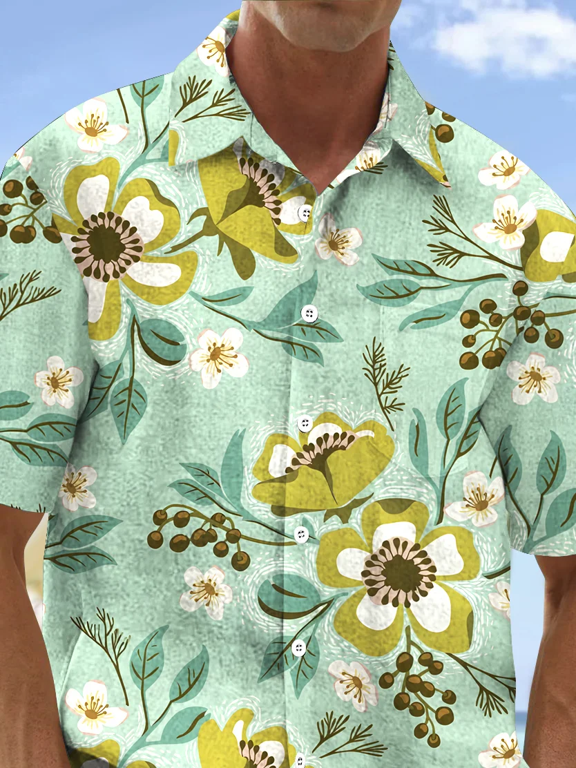 Royaura® Beach Resort Men's Hawaiian Shirt Flowers Print Pocket Camping Shirt Big Tall