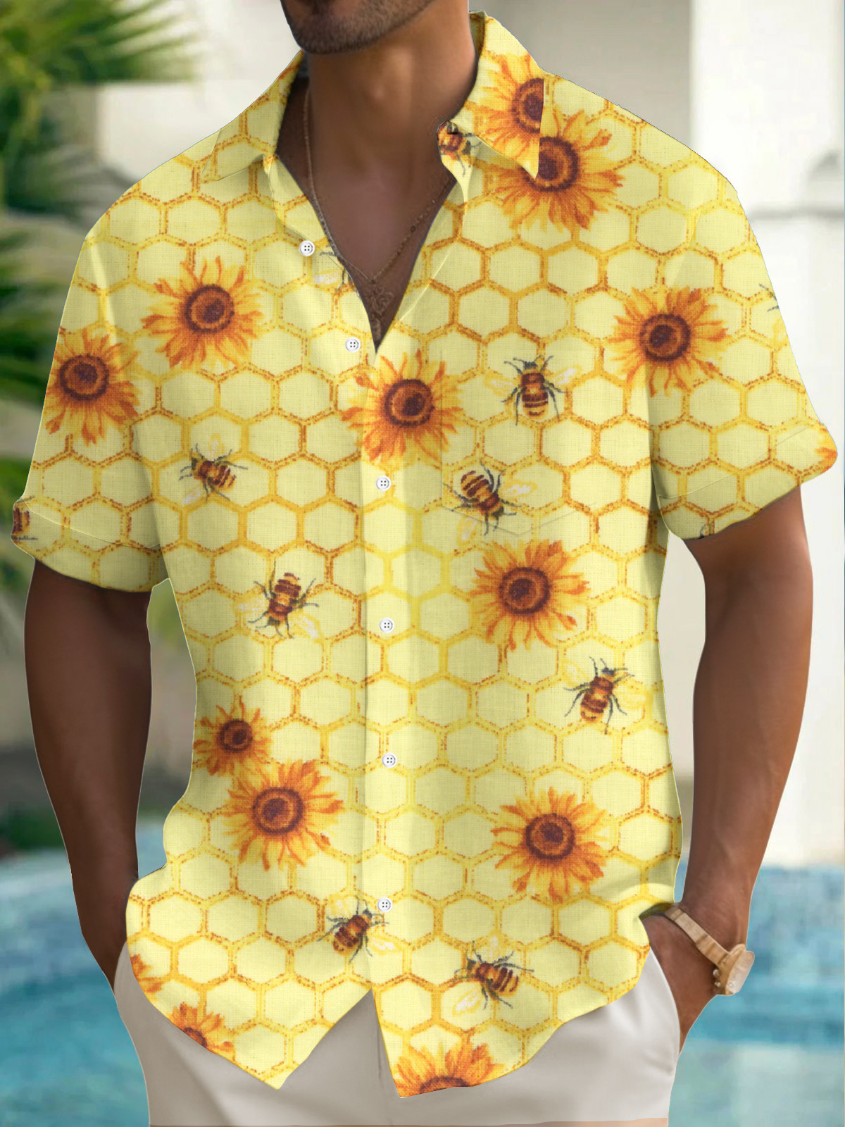 Royaura® Hawaiian Bee Beehive Geometric Print Men's Button Pocket Short Sleeve Shirt Big & Tall