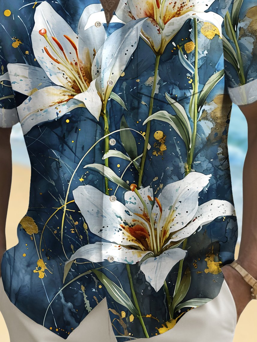 Royaura® Beach Resort Men's Hawaiian Shirt Lily Print Pocket Camping Shirt Big Tall