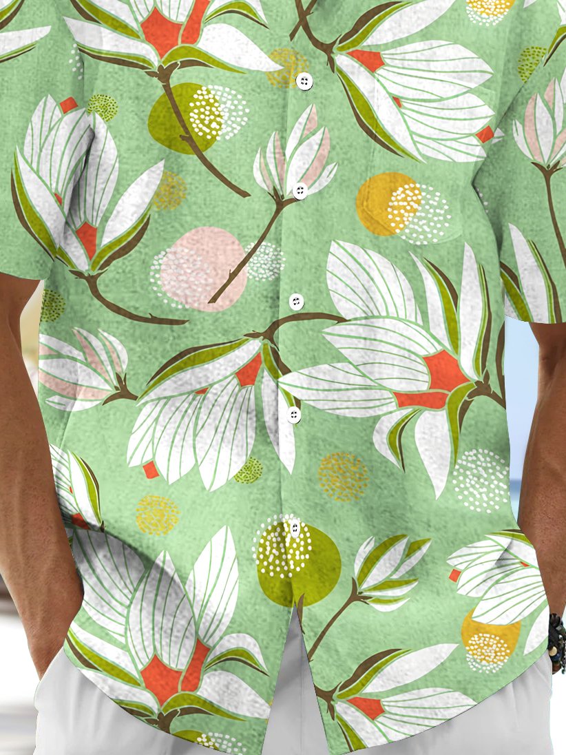 Royaura® Beach Resort Men's Hawaiian Shirt Magnolia Blossom Print Pocket Camping Shirt Big Tall