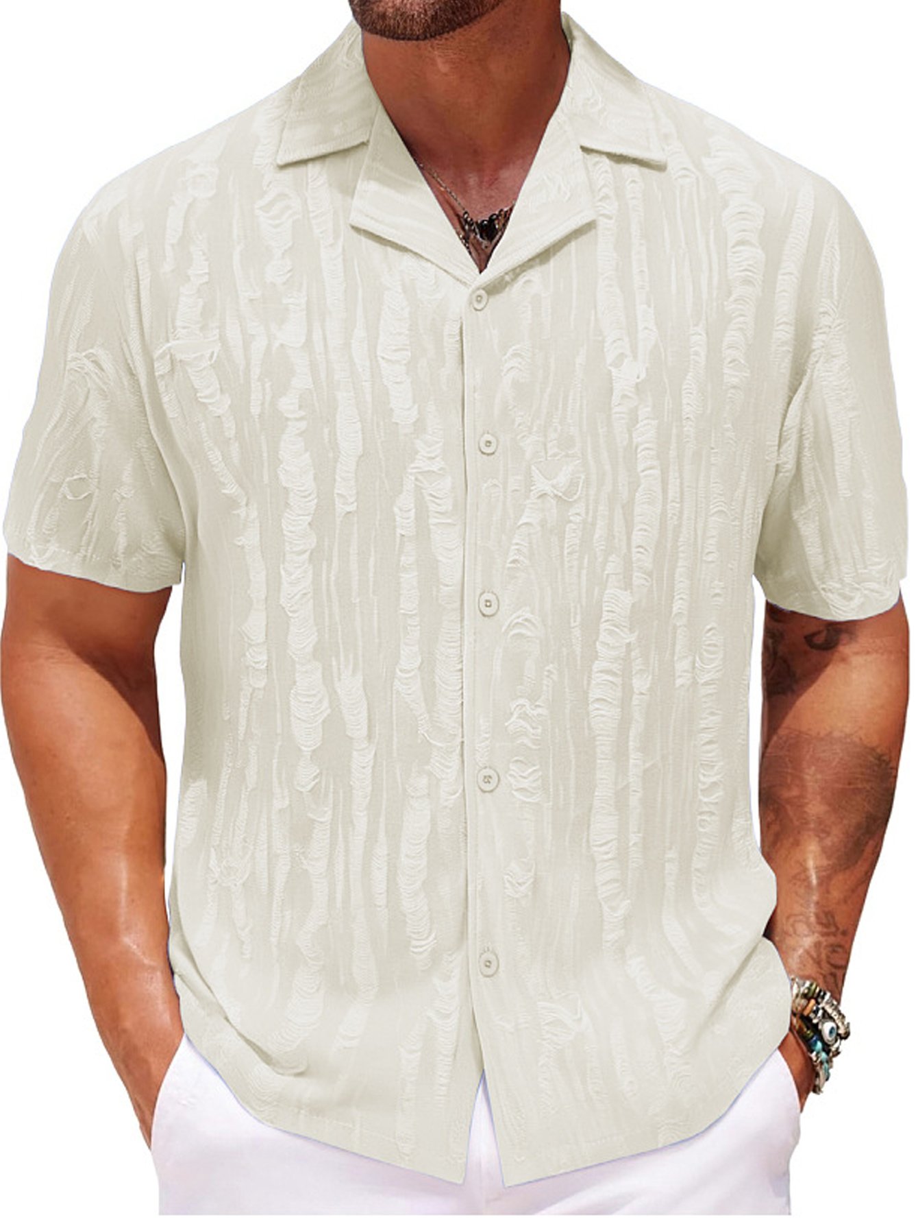 Royaura® Casual Basic Jacquard Knitted Wool Men's Button Short Sleeve Shirt Big & Tall