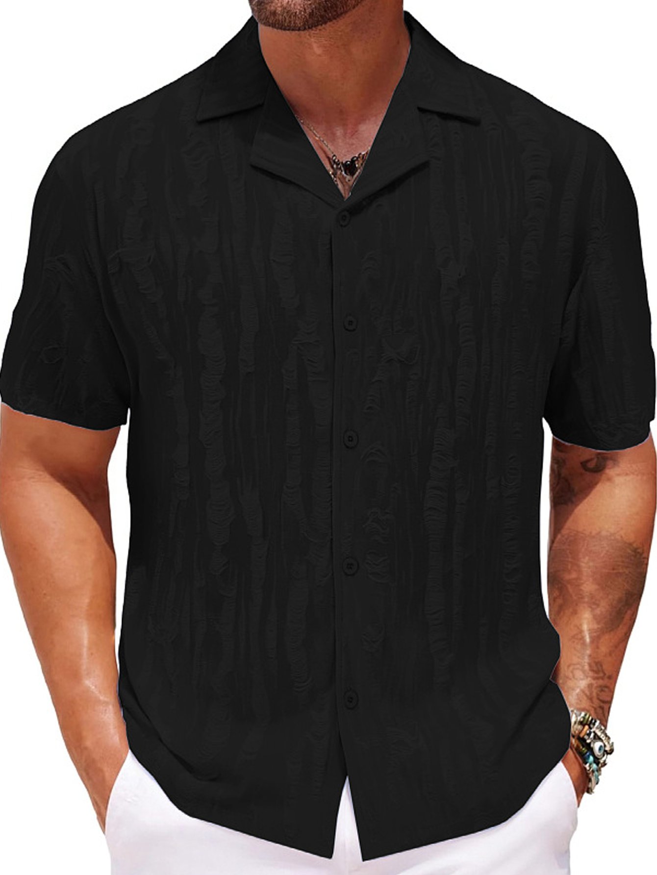Royaura® Casual Basic Jacquard Knitted Wool Men's Button Short Sleeve Shirt Big & Tall