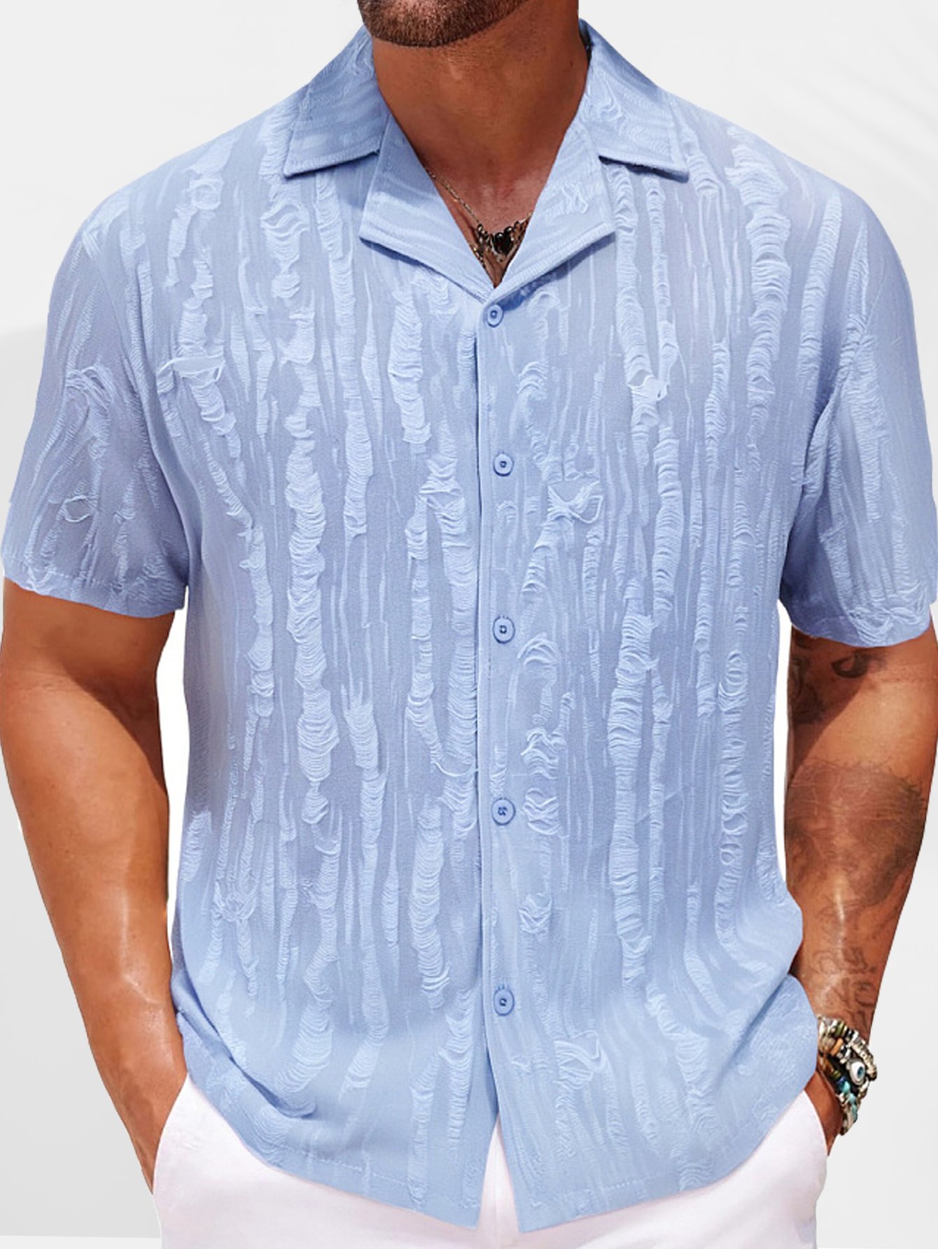 Royaura® Casual Basic Jacquard Knitted Wool Men's Button Short Sleeve Shirt Big & Tall