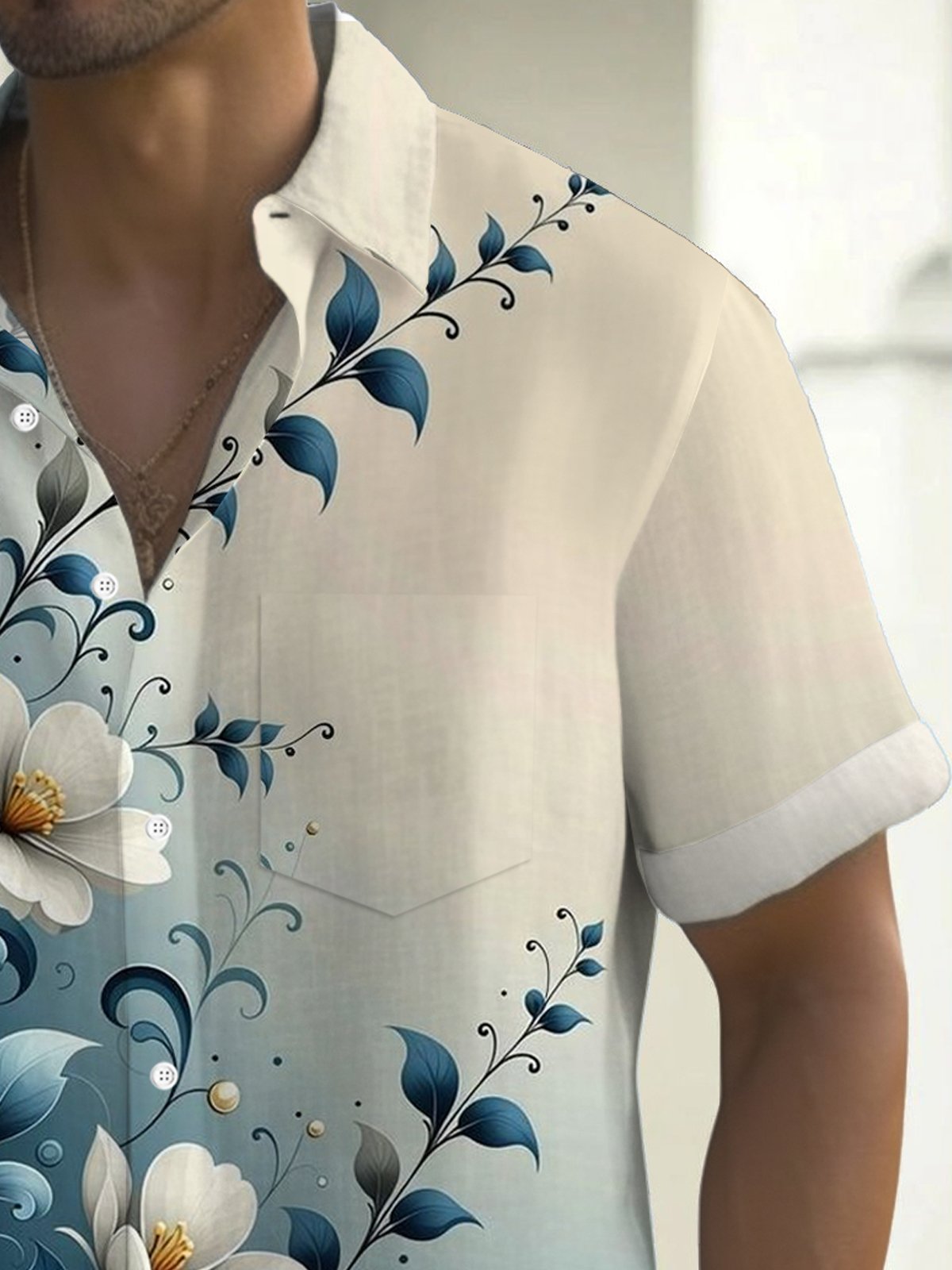 Royaura® Hawaiian Floral Ombre Print Men's Button Pocket Short Sleeve Shirt Big & Tall