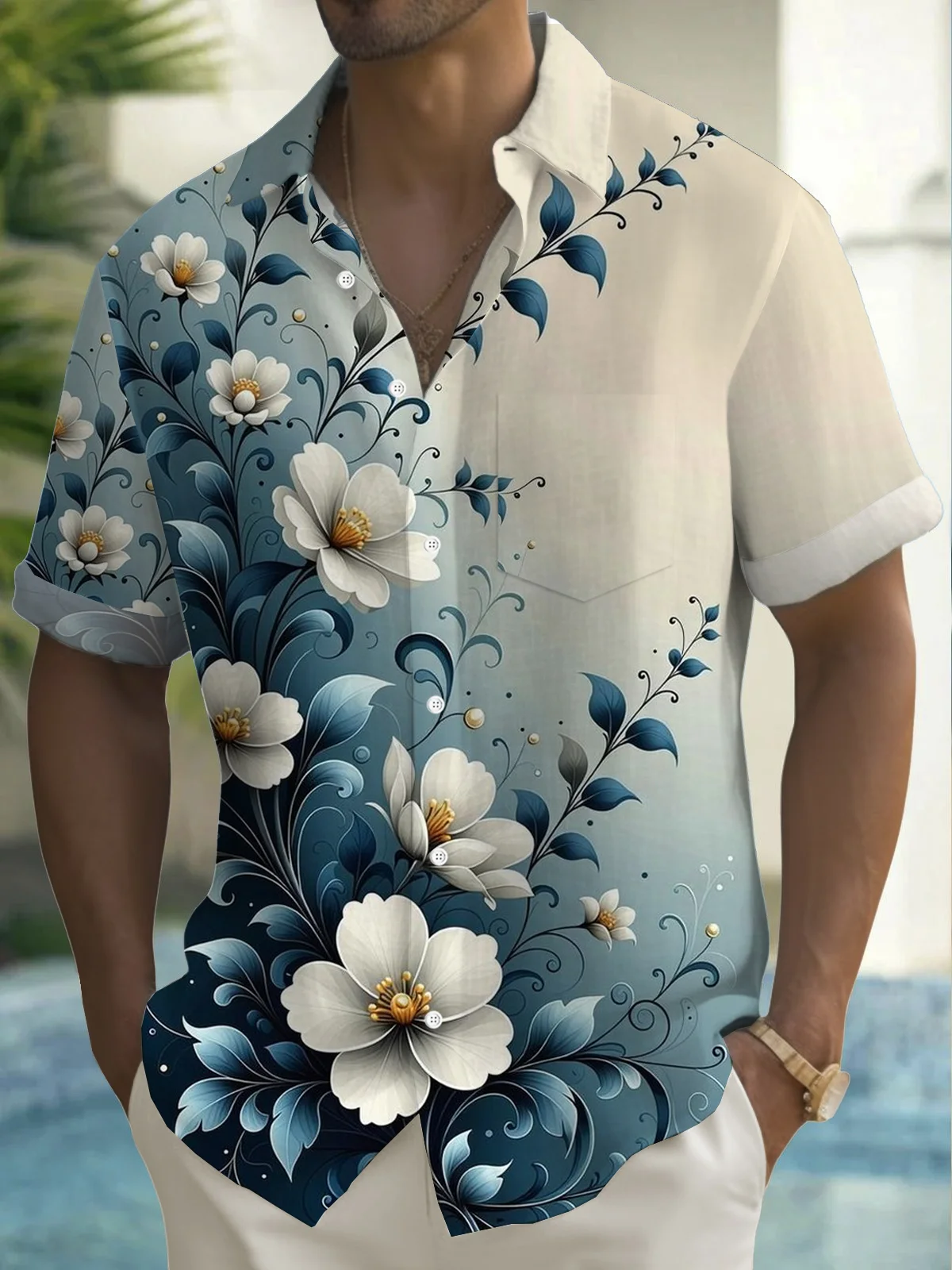 Royaura® Hawaiian Floral Ombre Print Men's Button Pocket Short Sleeve Shirt Big & Tall