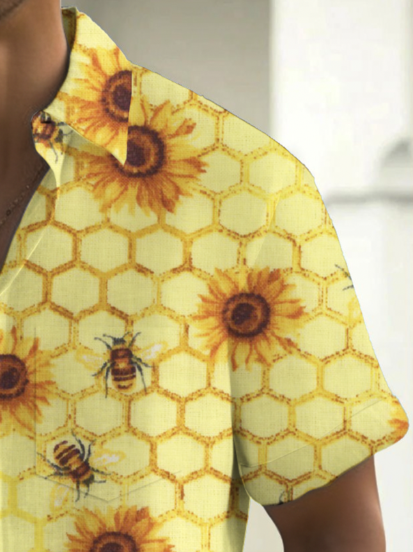 Royaura® Hawaiian Bee Beehive Geometric Print Men's Button Pocket Short Sleeve Shirt Big & Tall