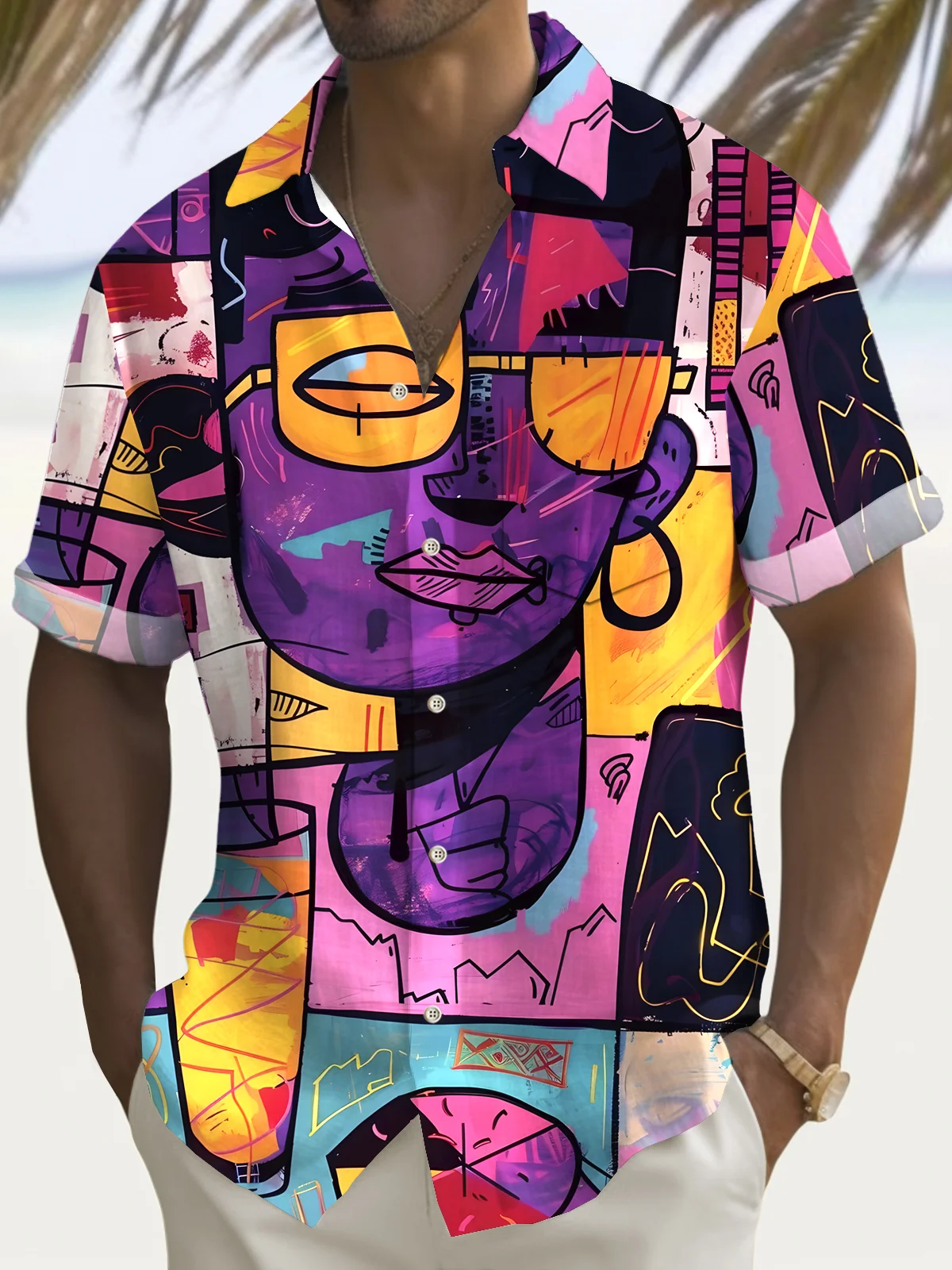 Royaura® Vintage Face Art Print Men's Button Pocket Hawaiian Shirt Big Tall