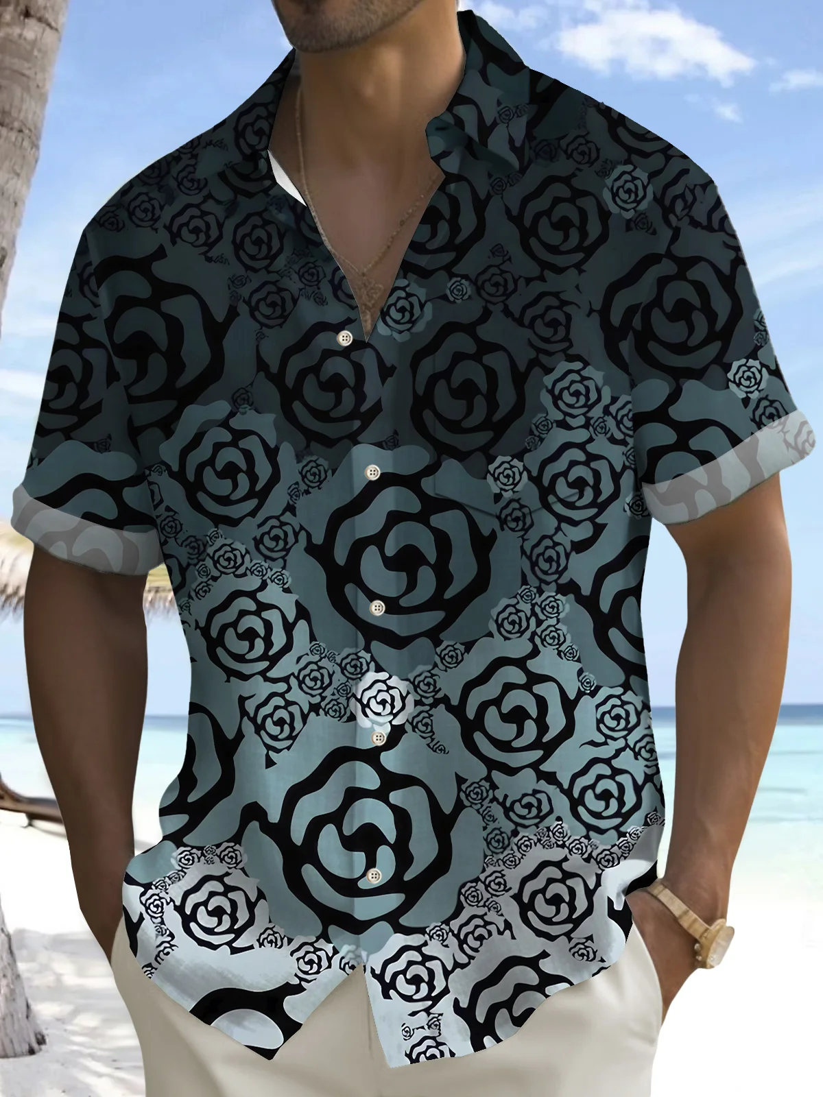 Royaura® Vintage Flowers Art Print Men's Button Pocket Hawaiian Shirt Big Tall