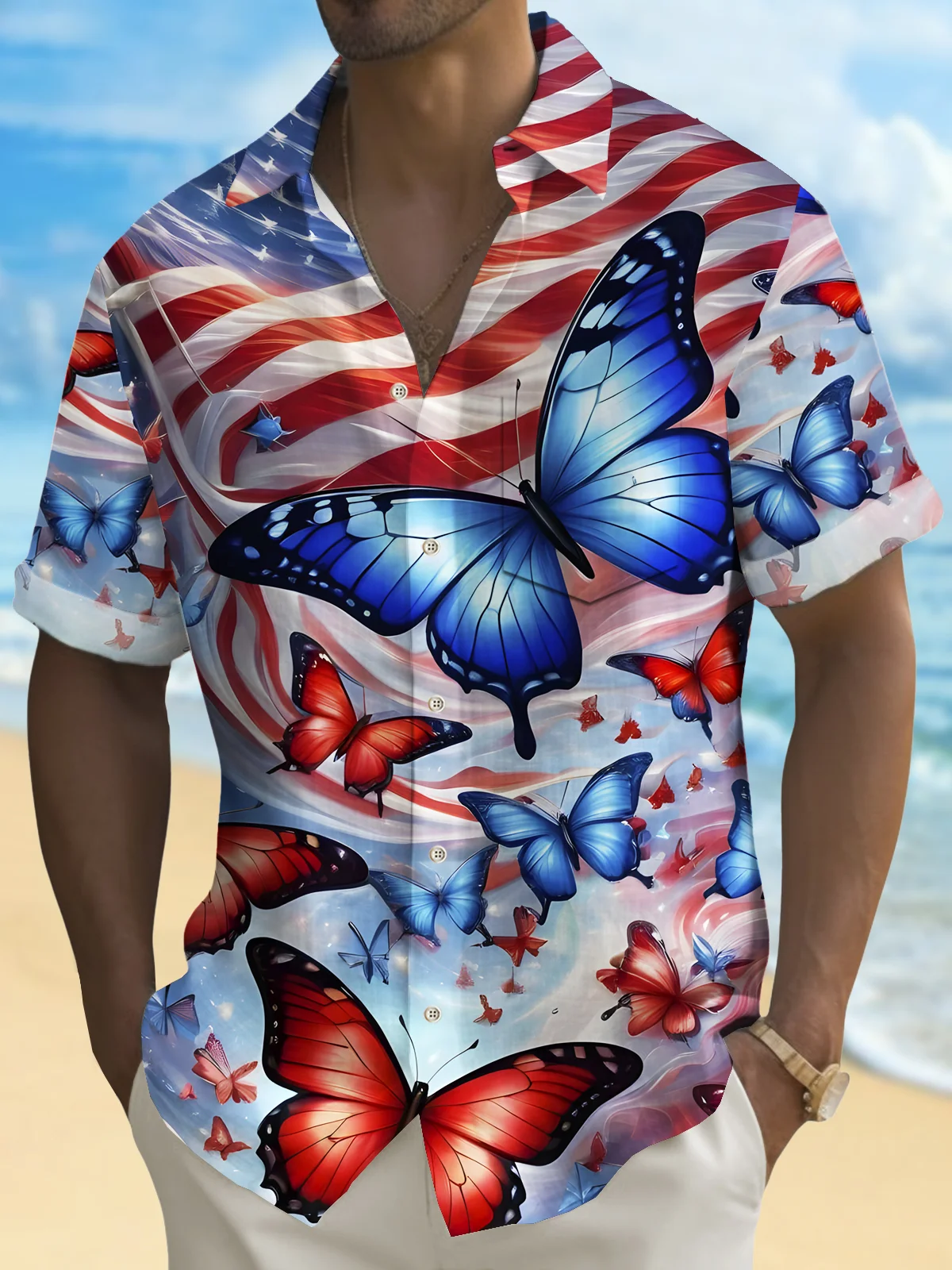 Royaura® Vintage Flag Butterfly Print Men's Button Pocket Hawaiian Shirt Big Tall