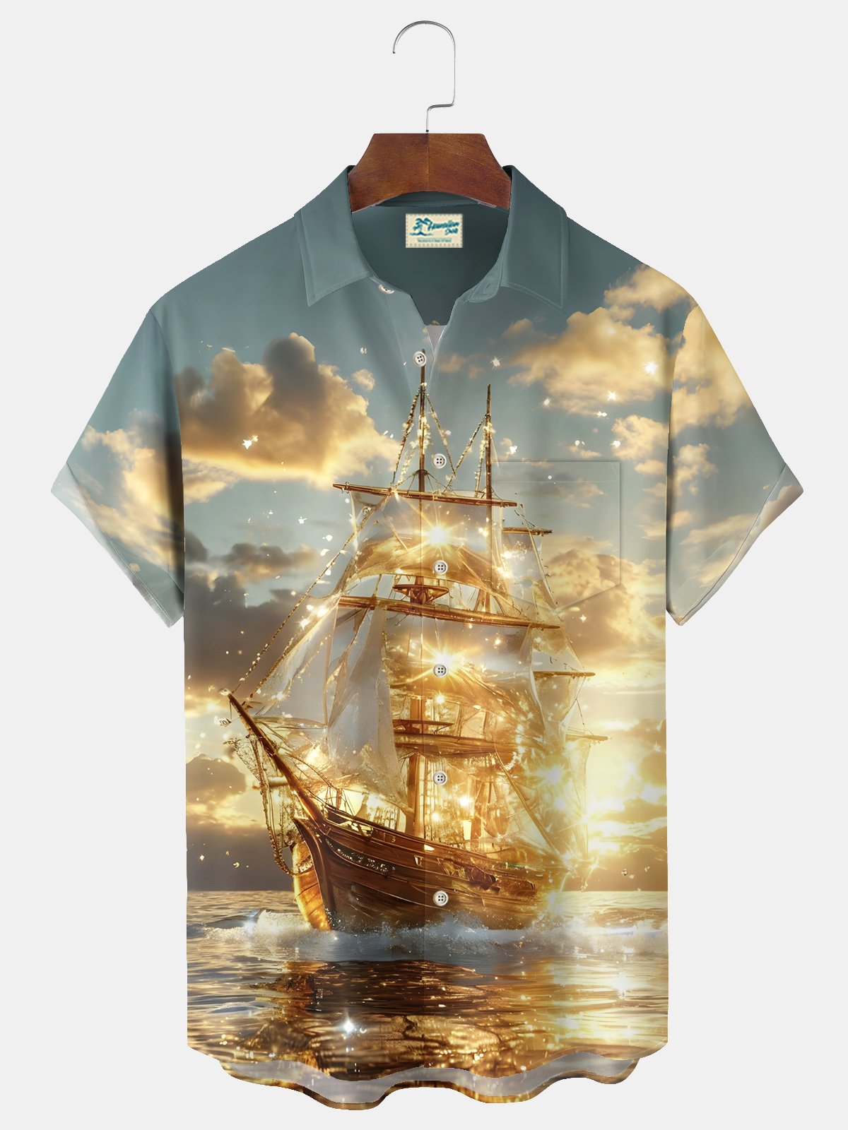 Royaura® Beach Resort Men's Hawaiian Shirt Nautical Sailing Ship Print Pocket Camping Shirt Big Tall