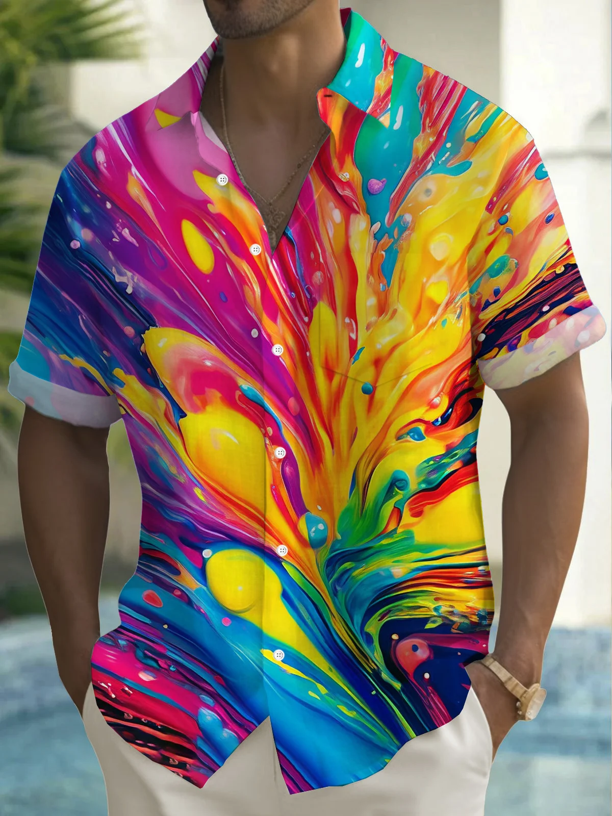 Royaura® Retro Gradient Art Painting Print Men's Button Pocket Short Sleeve Shirt Big & Tall