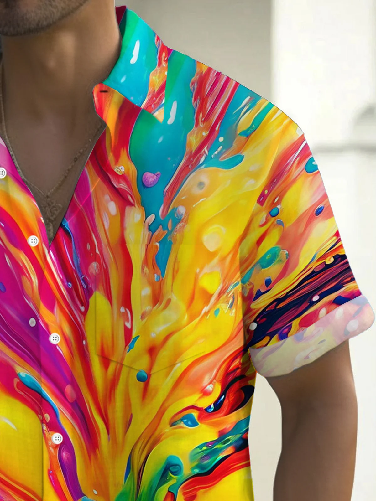 Royaura® Retro Gradient Art Painting Print Men's Button Pocket Short Sleeve Shirt Big & Tall