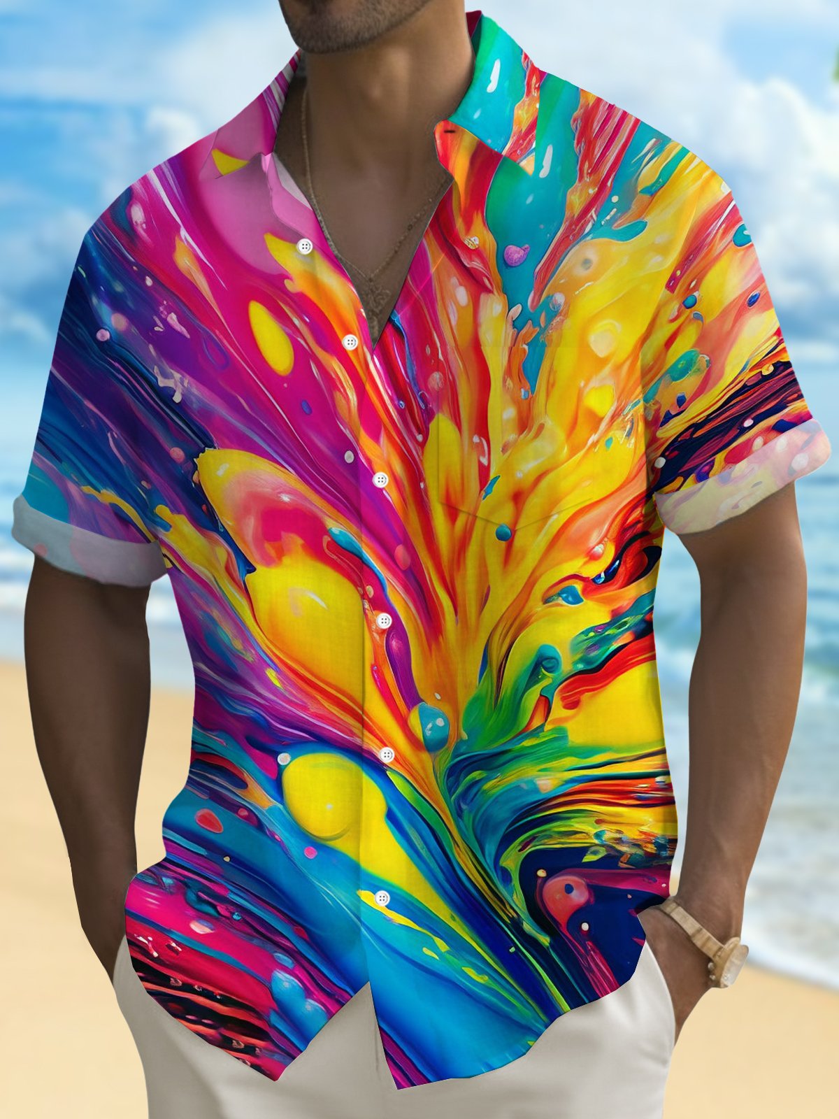 Royaura® Retro Gradient Art Painting Print Men's Button Pocket Short Sleeve Shirt Big & Tall