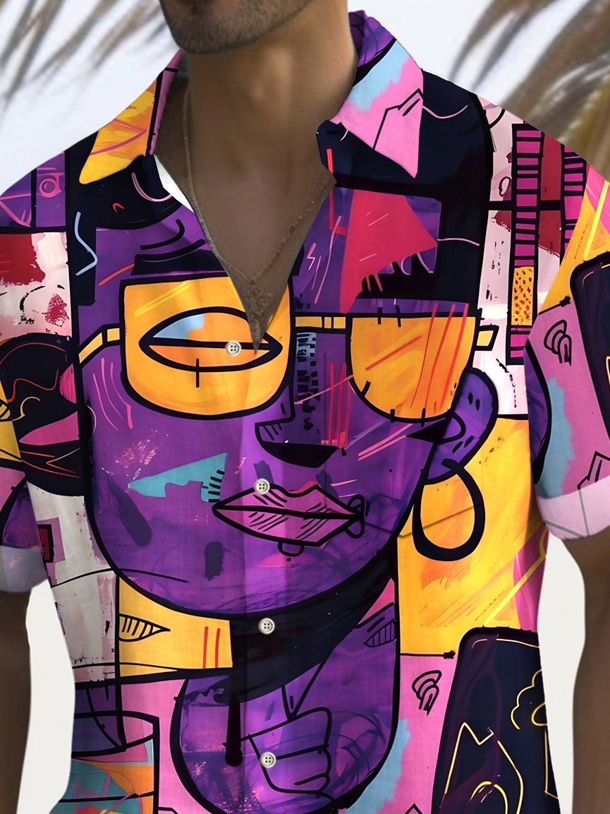 Royaura® Vintage Face Art Print Men's Button Pocket Hawaiian Shirt Big Tall