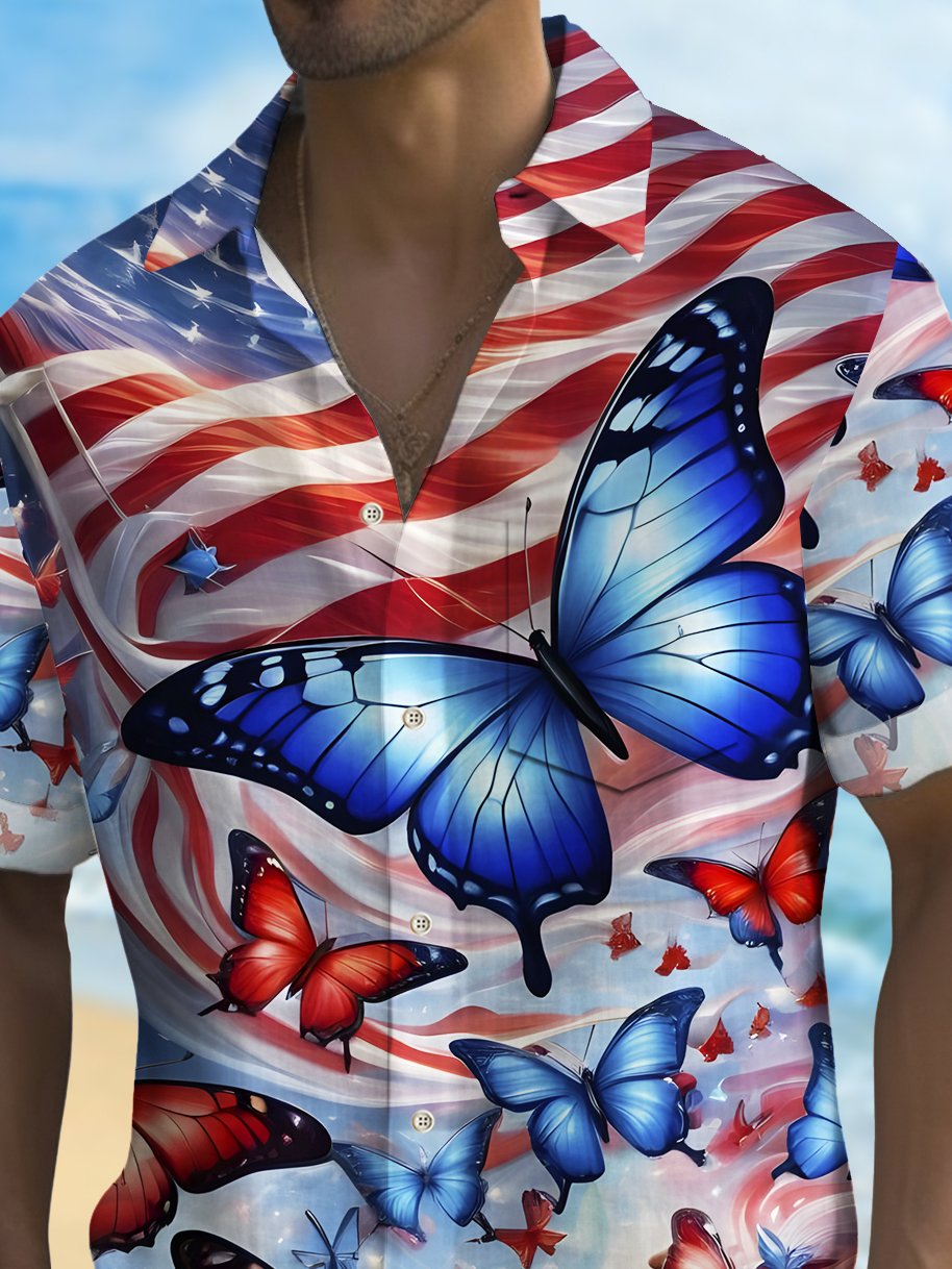 Royaura® Vintage Flag Butterfly Print Men's Button Pocket Hawaiian Shirt Big Tall