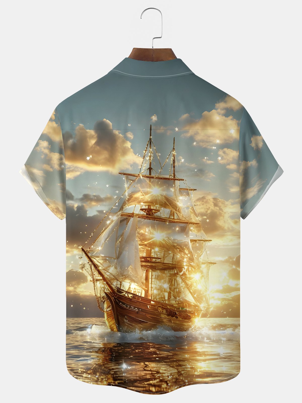 Royaura® Beach Resort Men's Hawaiian Shirt Nautical Sailing Ship Print Pocket Camping Shirt Big Tall