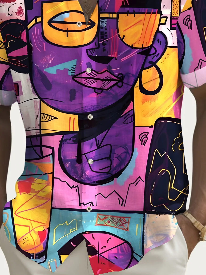 Royaura® Vintage Face Art Print Men's Button Pocket Hawaiian Shirt Big Tall