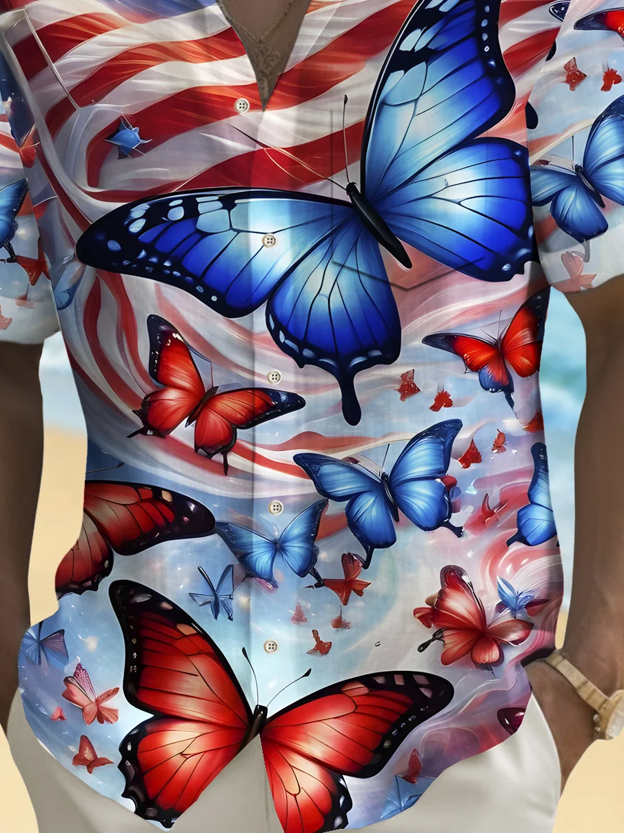 Royaura® Vintage Flag Butterfly Print Men's Button Pocket Hawaiian Shirt Big Tall
