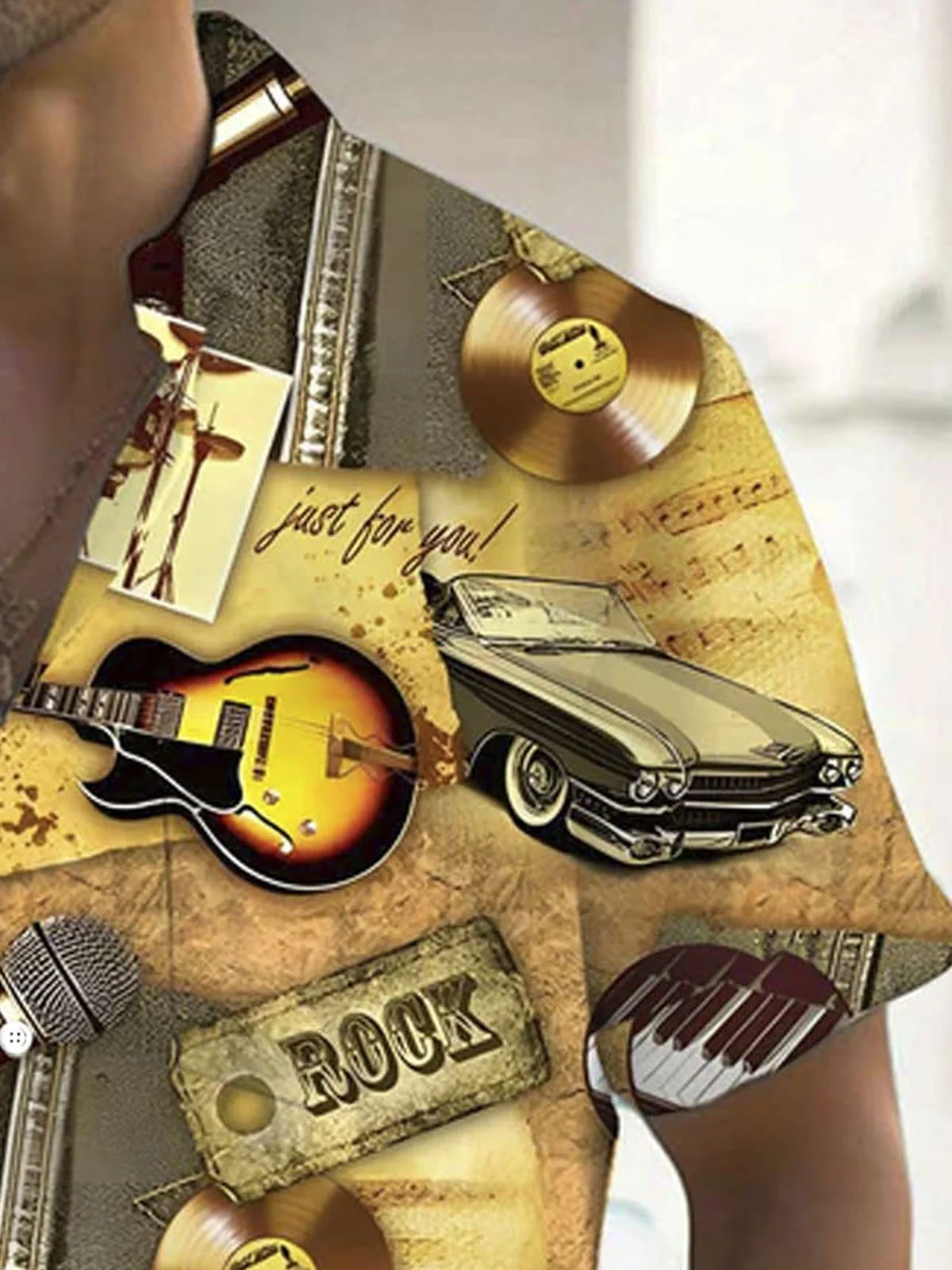 Royaura® Retro Rock Instruments Music Print Men's Button Pocket Short Sleeve Shirt Big & Tall