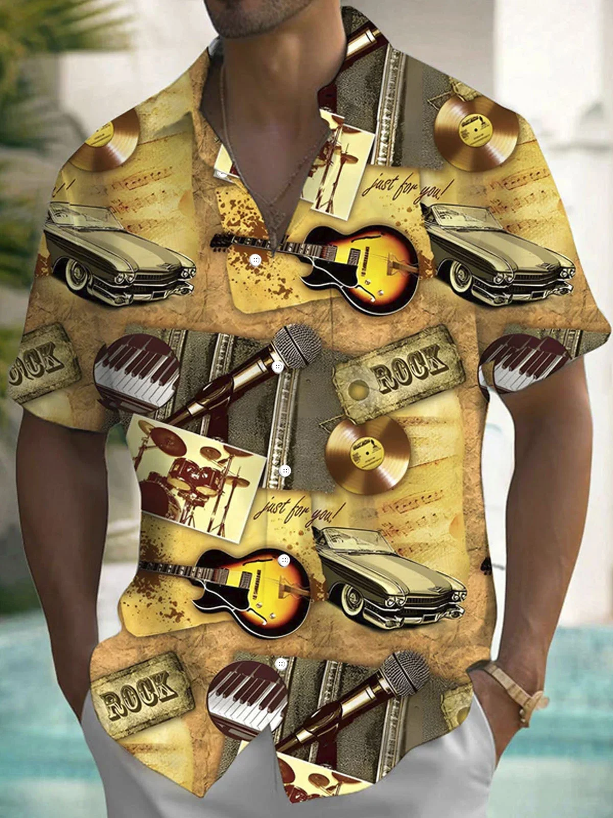 Royaura® Retro Rock Instruments Music Print Men's Button Pocket Short Sleeve Shirt Big & Tall