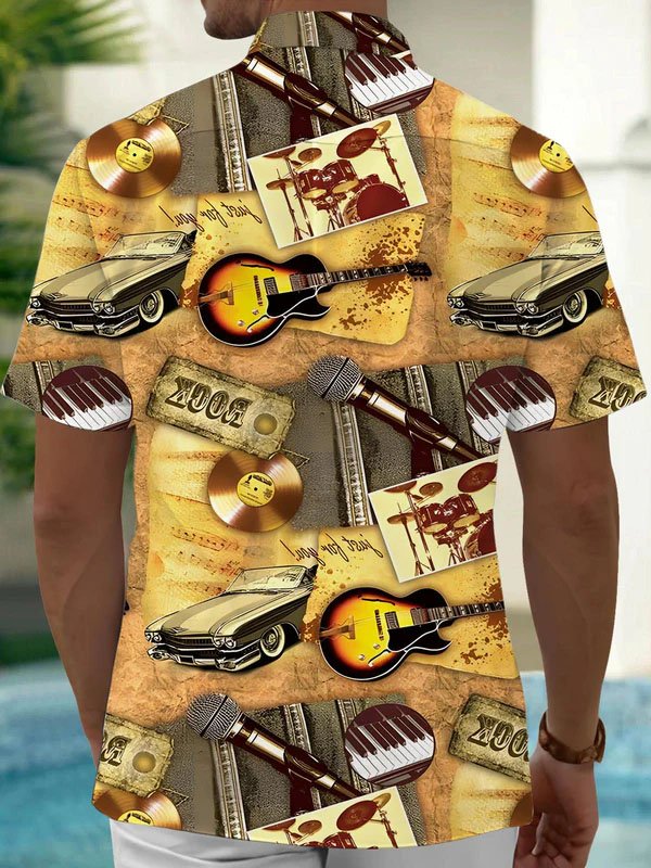 Royaura® Retro Rock Instruments Music Print Men's Button Pocket Short Sleeve Shirt Big & Tall