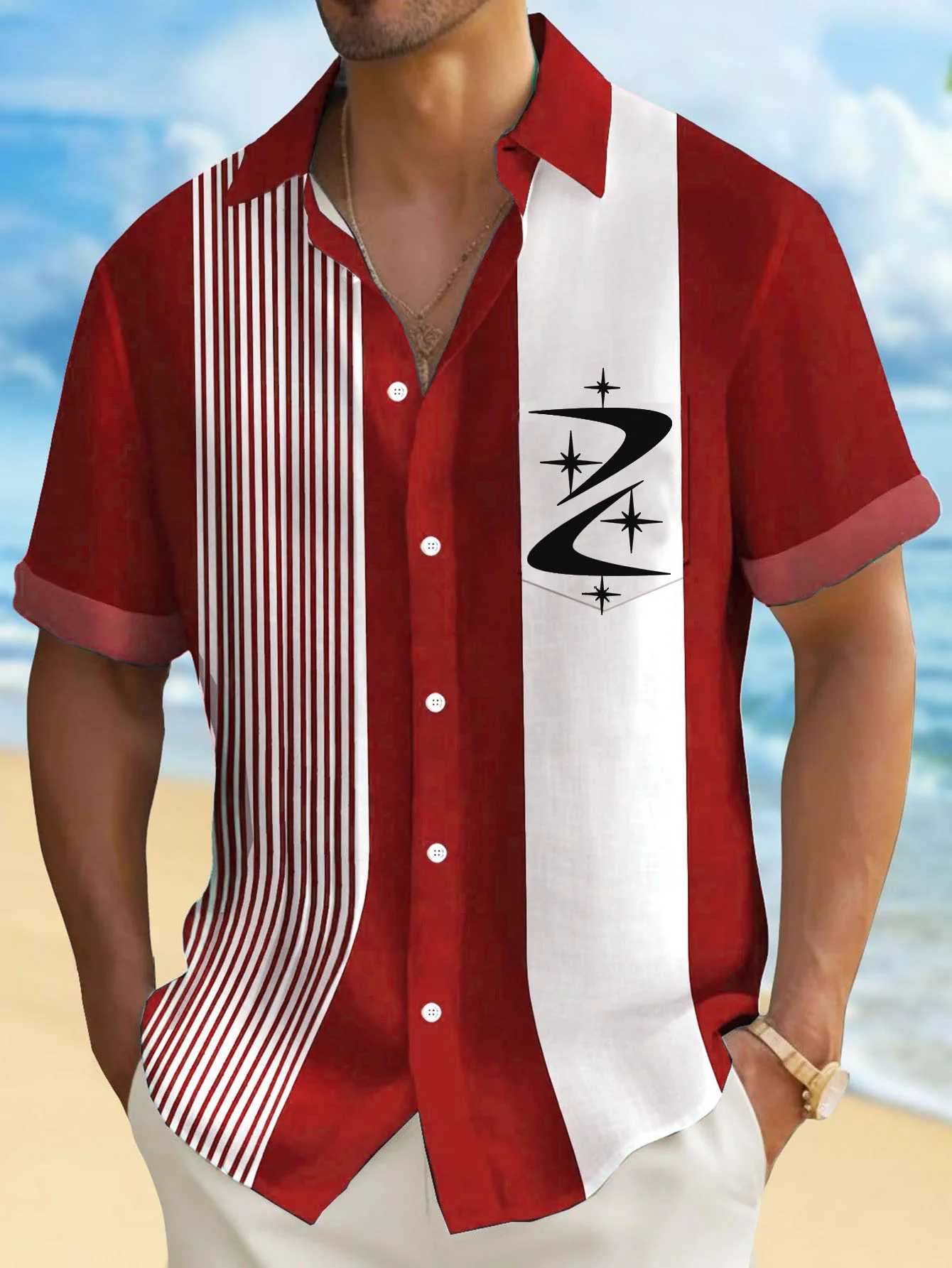 Royaura® Retro Geometric Mid-Century Atomic Bowling Print Men's Button Pocket Short Sleeve Shirt Big & Tall