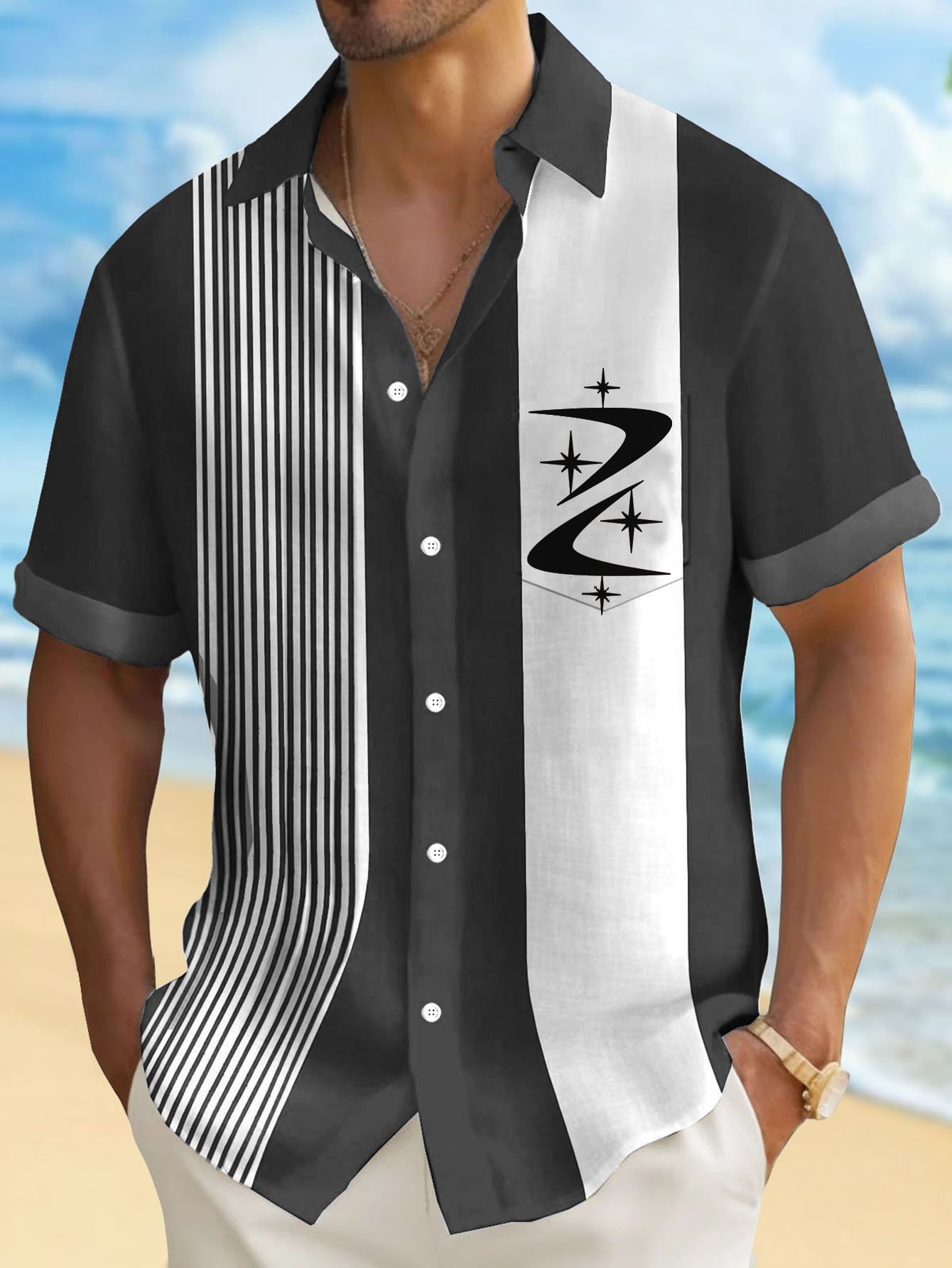 Royaura® Retro Geometric Mid-Century Atomic Bowling Print Men's Button Pocket Short Sleeve Shirt Big & Tall