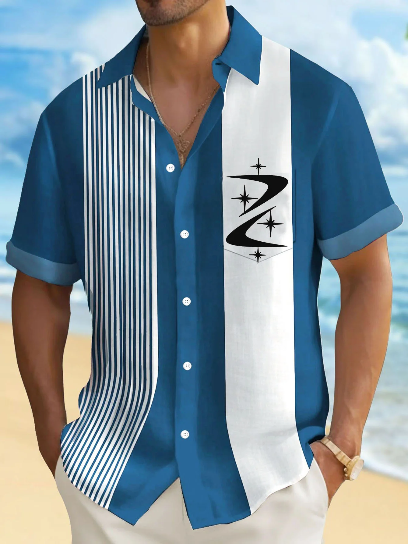 Royaura® Retro Geometric Mid-Century Atomic Bowling Print Men's Button Pocket Short Sleeve Shirt Big & Tall
