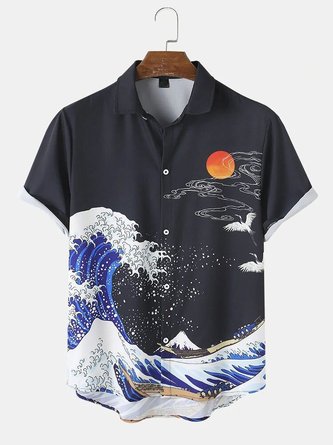 Mens Wave & Carp Ukiyoe Print Lapel Short Sleeve Japanese Style Shirts ...