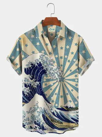 Royaura Men's Vintage Ukiyo-e Ocean Wave Hawaiian Short Sleeve Button ...