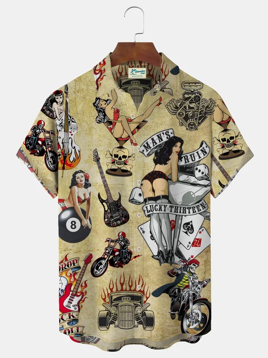 Royaura Vintage Rockabilly Skull Classic Car Pin Up Girl Print Hawaiian Shirt Oversized Vacation Aloha Wrinkle-Free Shirt