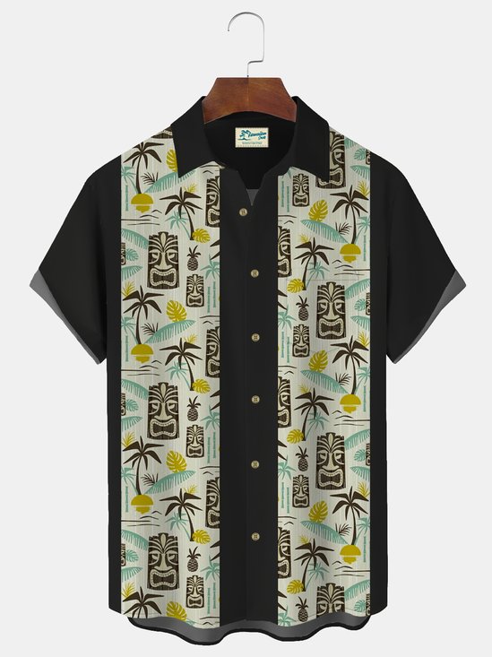 Royaura 50’s Men's Vintage Bowling Shirts Tiki Totem Art Natural Fiber Blend Hawaiian Shirts
